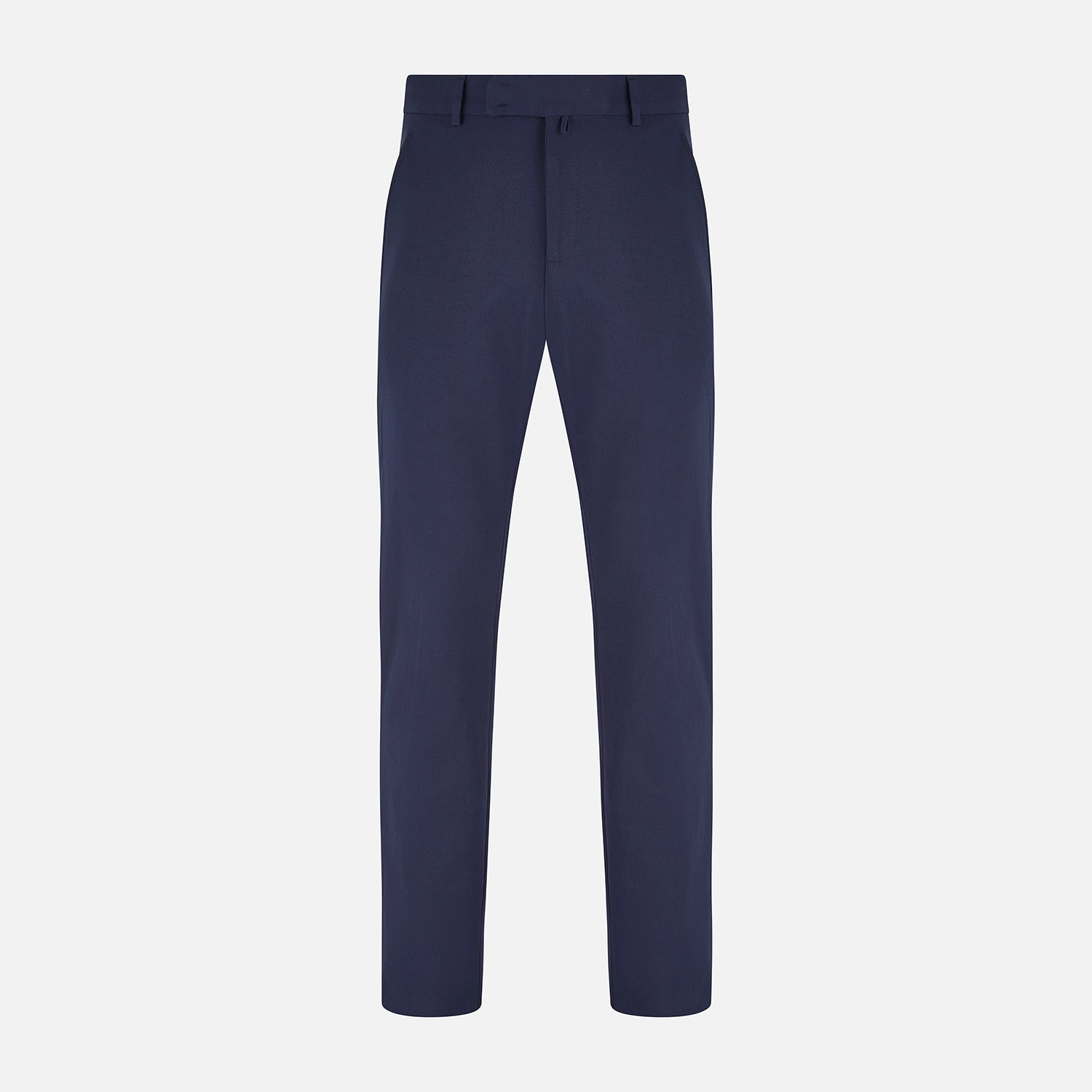 View 1 of product The Navy Blue James Trouser by Turnbull & Asser features a tailored straight-leg cut, flat front, belt loops, and button closure, shown on a plain white background for an elegant and versatile look.