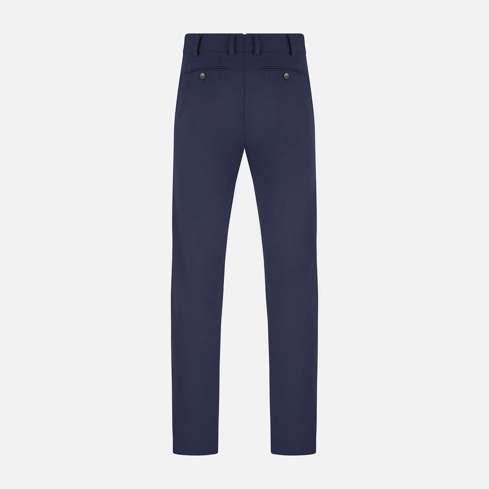 The Navy Blue James Trouser by Turnbull & Asser features a tailored straight-leg cut, flat front, belt loops, and button closure, shown on a plain white background for an elegant and versatile look.