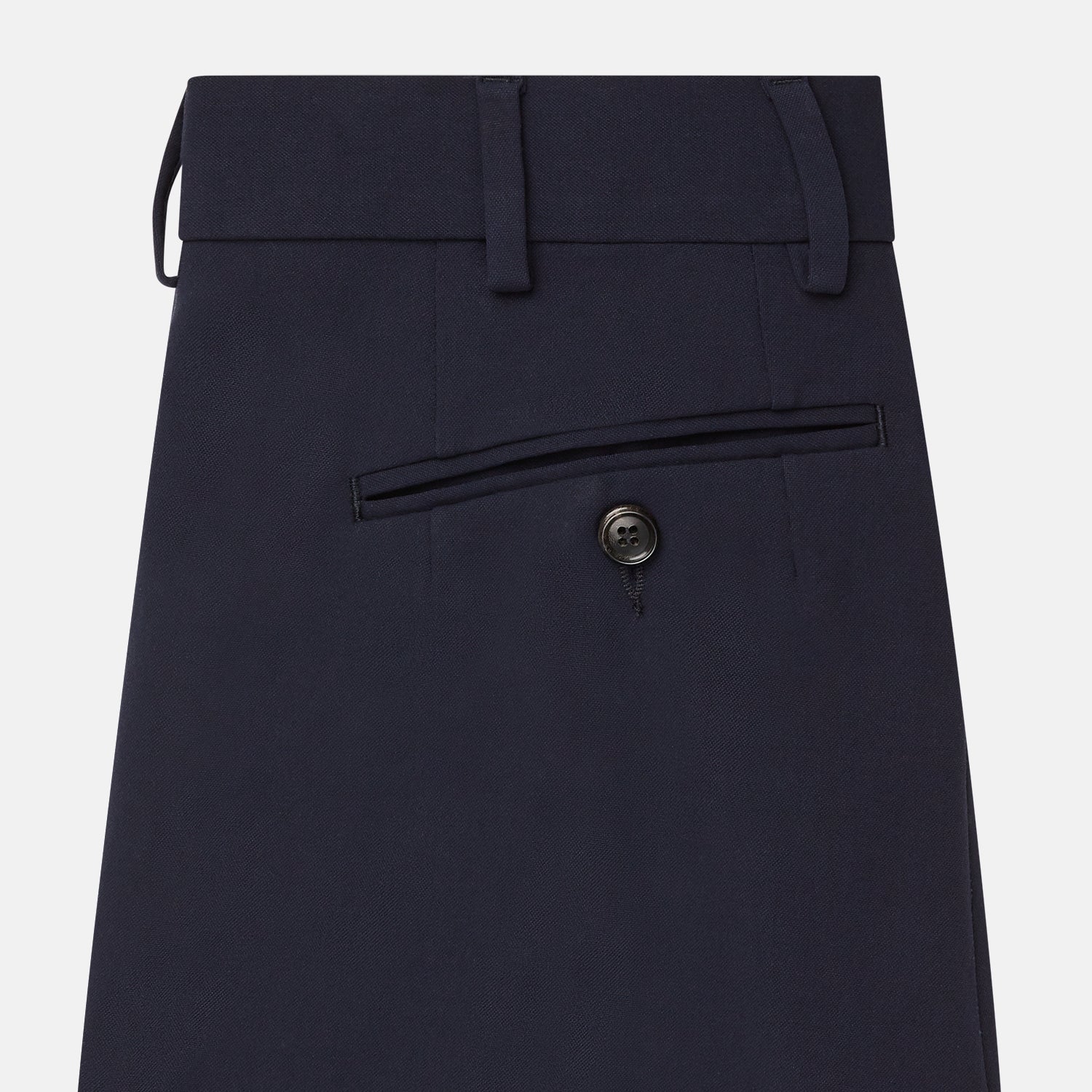 View 4 of product The Navy Blue James Trouser by Turnbull & Asser features a tailored straight-leg cut, flat front, belt loops, and button closure, shown on a plain white background for an elegant and versatile look.