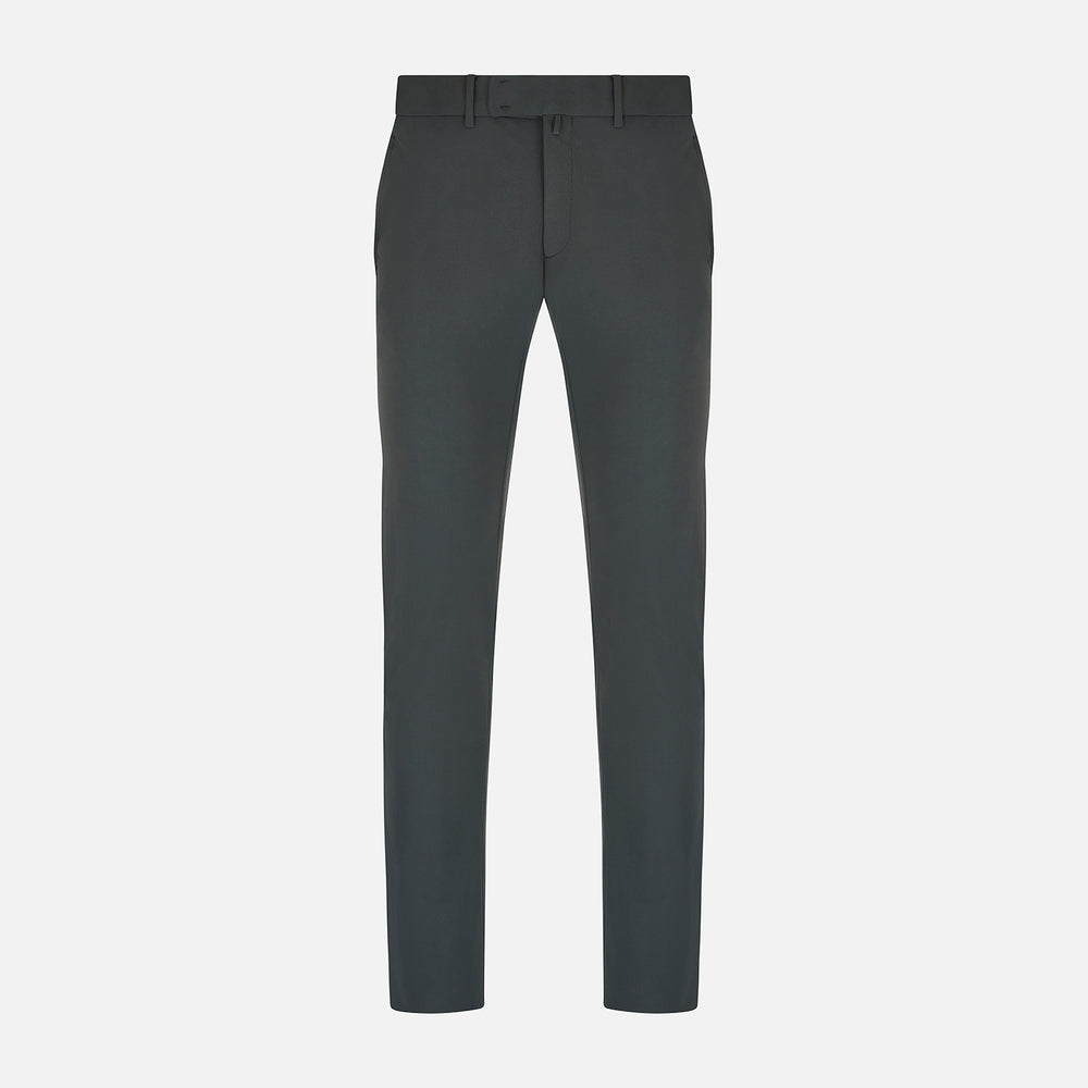 A pair of slim-fit Dark Green James trousers by Turnbull & Asser in Italian cotton, featuring belt loops, side pockets, and a flat front, shown against a plain white background.