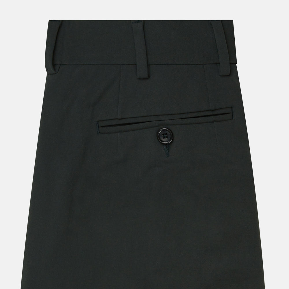 A pair of slim-fit Dark Green James trousers by Turnbull & Asser in Italian cotton, featuring belt loops, side pockets, and a flat front, shown against a plain white background.
