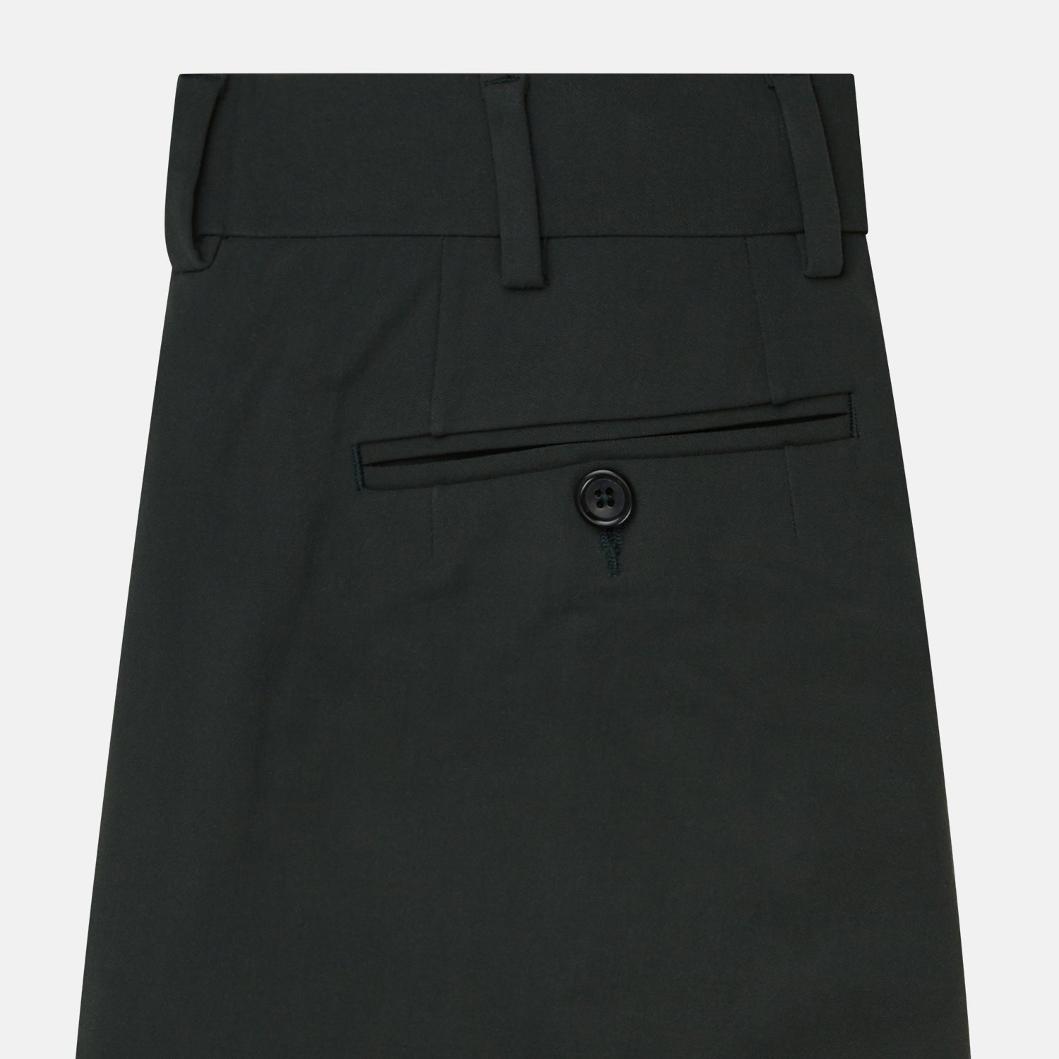 View 4 of product A pair of slim-fit Dark Green James trousers by Turnbull & Asser in Italian cotton, featuring belt loops, side pockets, and a flat front, shown against a plain white background.