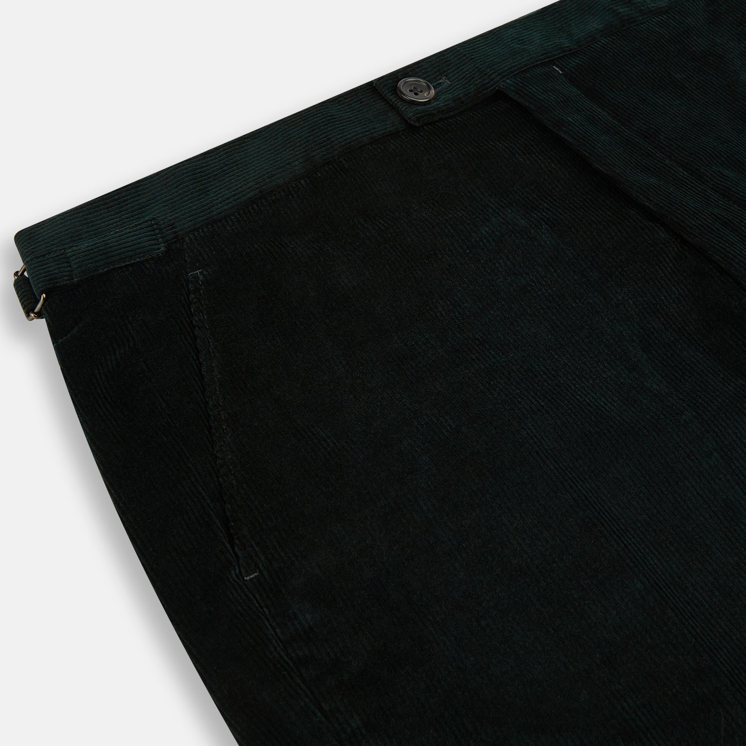 View 3 of product The Dark Green Corduroy Henry Trousers by Turnbull & Asser feature a straight-leg cut, front fly, waistband with belt loops, and button closure—perfect for sophisticated formal looks.