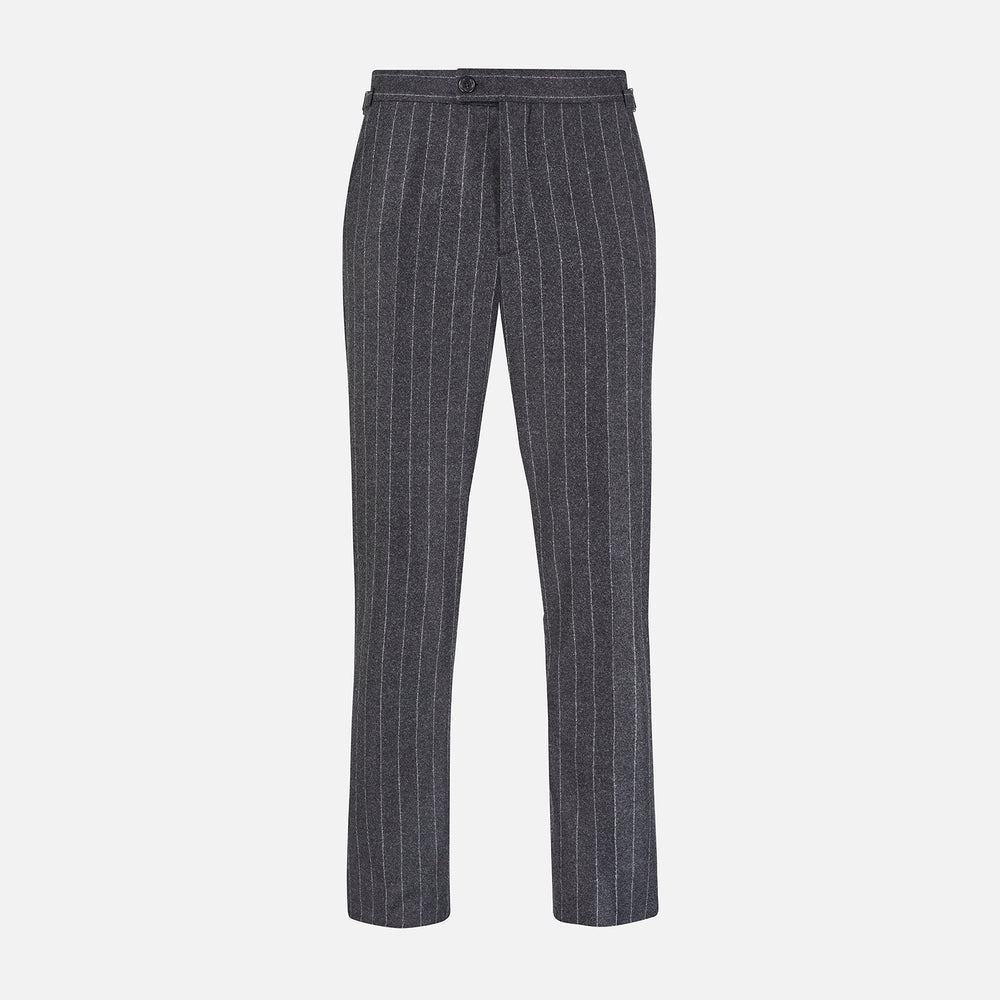 The Charcoal Pinstripe Henry Trousers by Turnbull & Asser feature white vertical stripes, a button and zip closure, belt loops, and side pockets, shown against a plain white background.