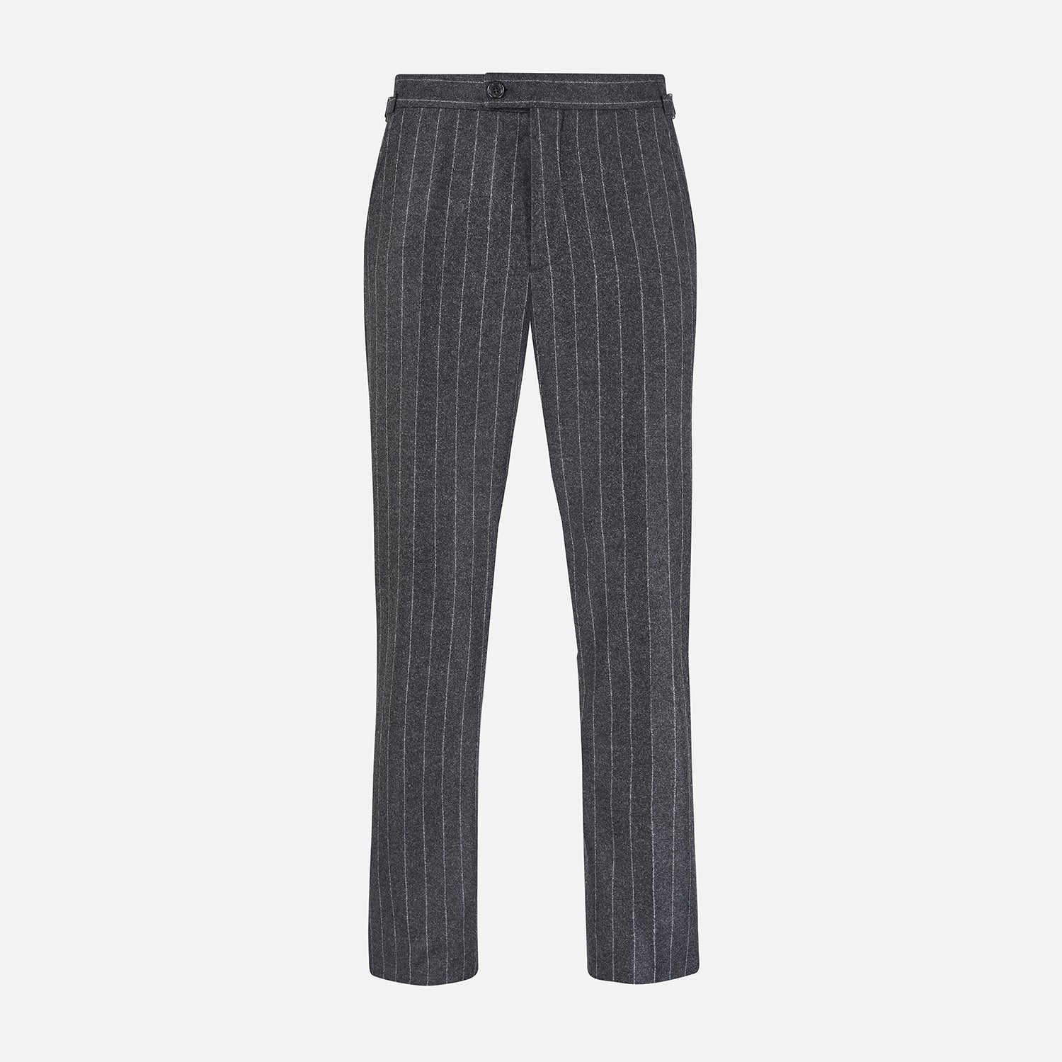View 1 of product The Charcoal Pinstripe Henry Trousers by Turnbull & Asser feature white vertical stripes, a button and zip closure, belt loops, and side pockets, shown against a plain white background.