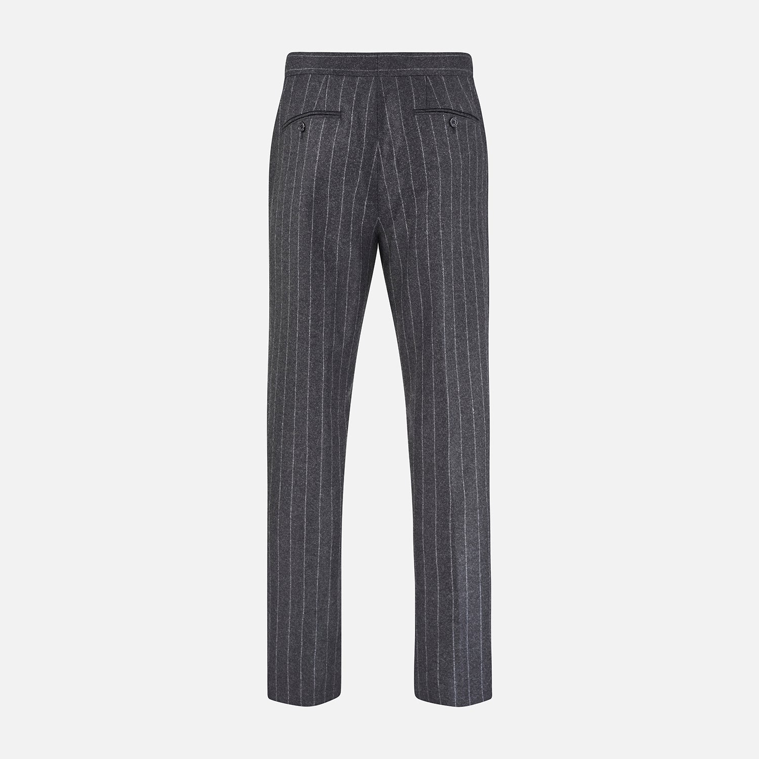 View 3 of product The Charcoal Pinstripe Henry Trousers by Turnbull & Asser feature white vertical stripes, a button and zip closure, belt loops, and side pockets, shown against a plain white background.