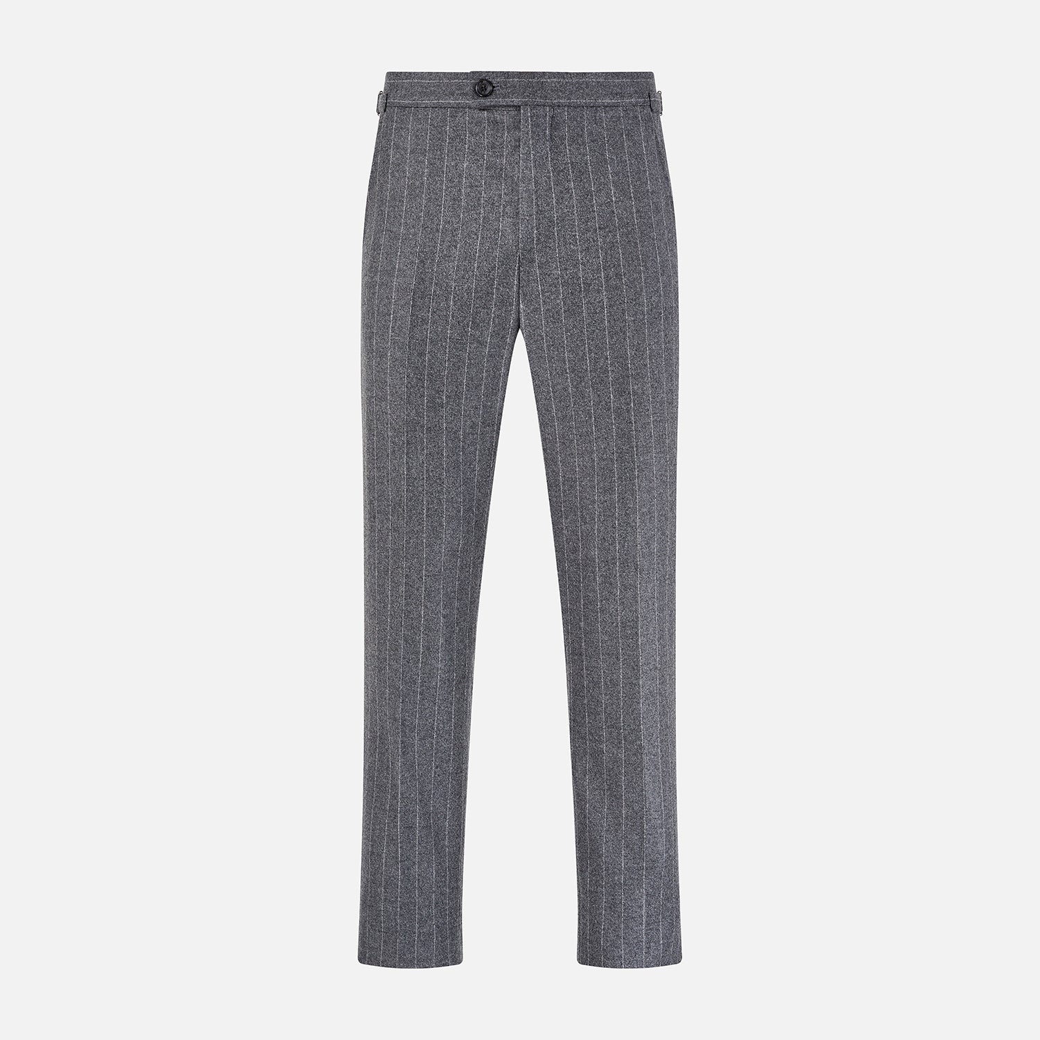 View 1 of product The Turnbull & Asser Grey Pinstripe Henry Trousers feature a tailored fit, white vertical stripes, button closure, and belt loops, displayed on a plain white background.