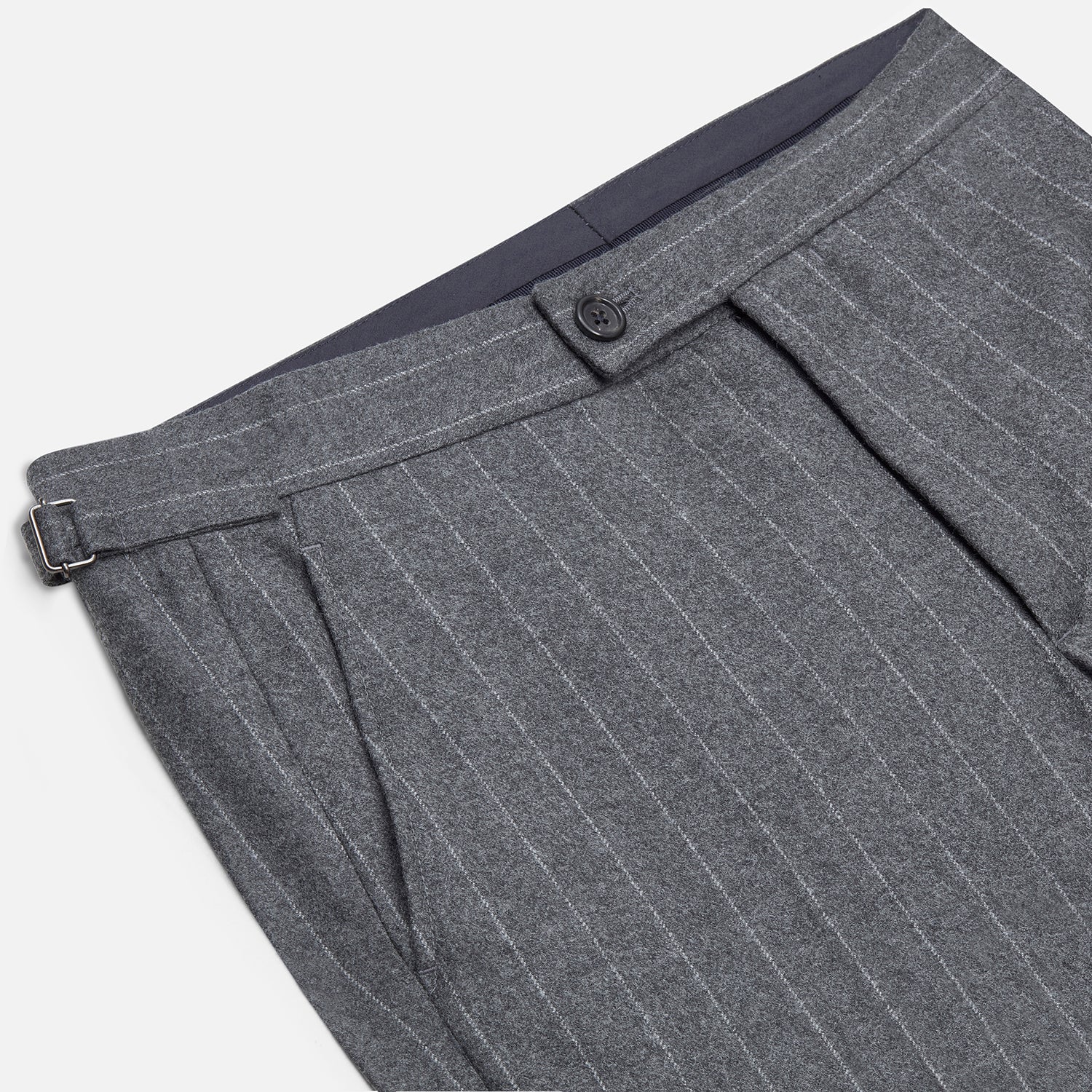 View 2 of product The Turnbull & Asser Grey Pinstripe Henry Trousers feature a tailored fit, white vertical stripes, button closure, and belt loops, displayed on a plain white background.
