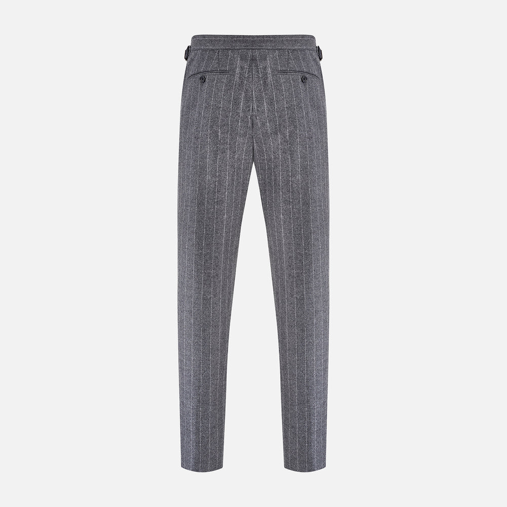 The Turnbull & Asser Grey Pinstripe Henry Trousers feature a tailored fit, white vertical stripes, button closure, and belt loops, displayed on a plain white background.