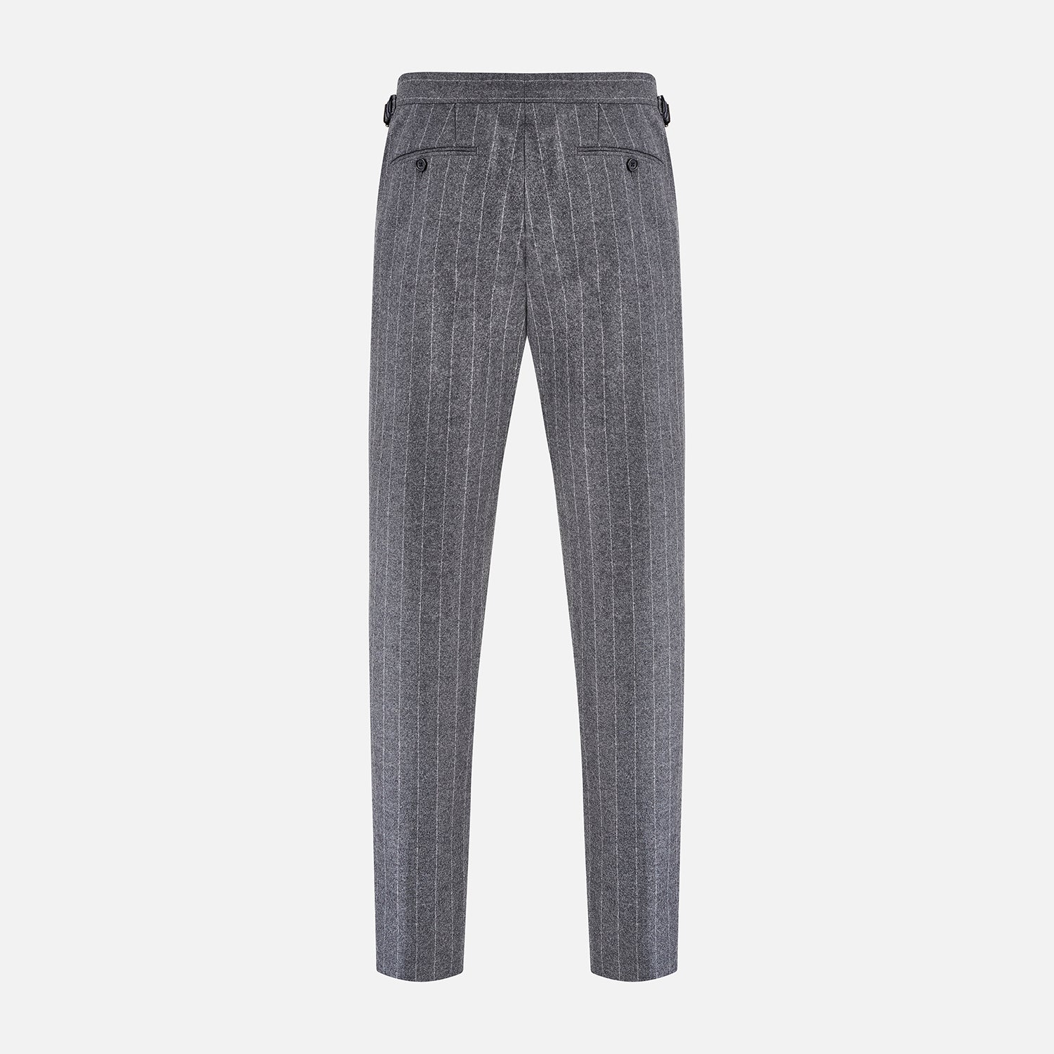 View 3 of product The Turnbull & Asser Grey Pinstripe Henry Trousers feature a tailored fit, white vertical stripes, button closure, and belt loops, displayed on a plain white background.