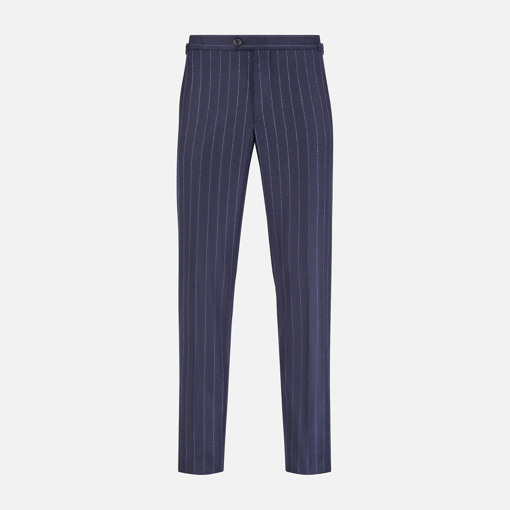 The Navy Pinstripe Henry Trousers by Turnbull & Asser feature vertical white stripes, a tailored fit, button closure, and belt loops. Crafted from a wool cashmere blend, they are shown against a plain white background.