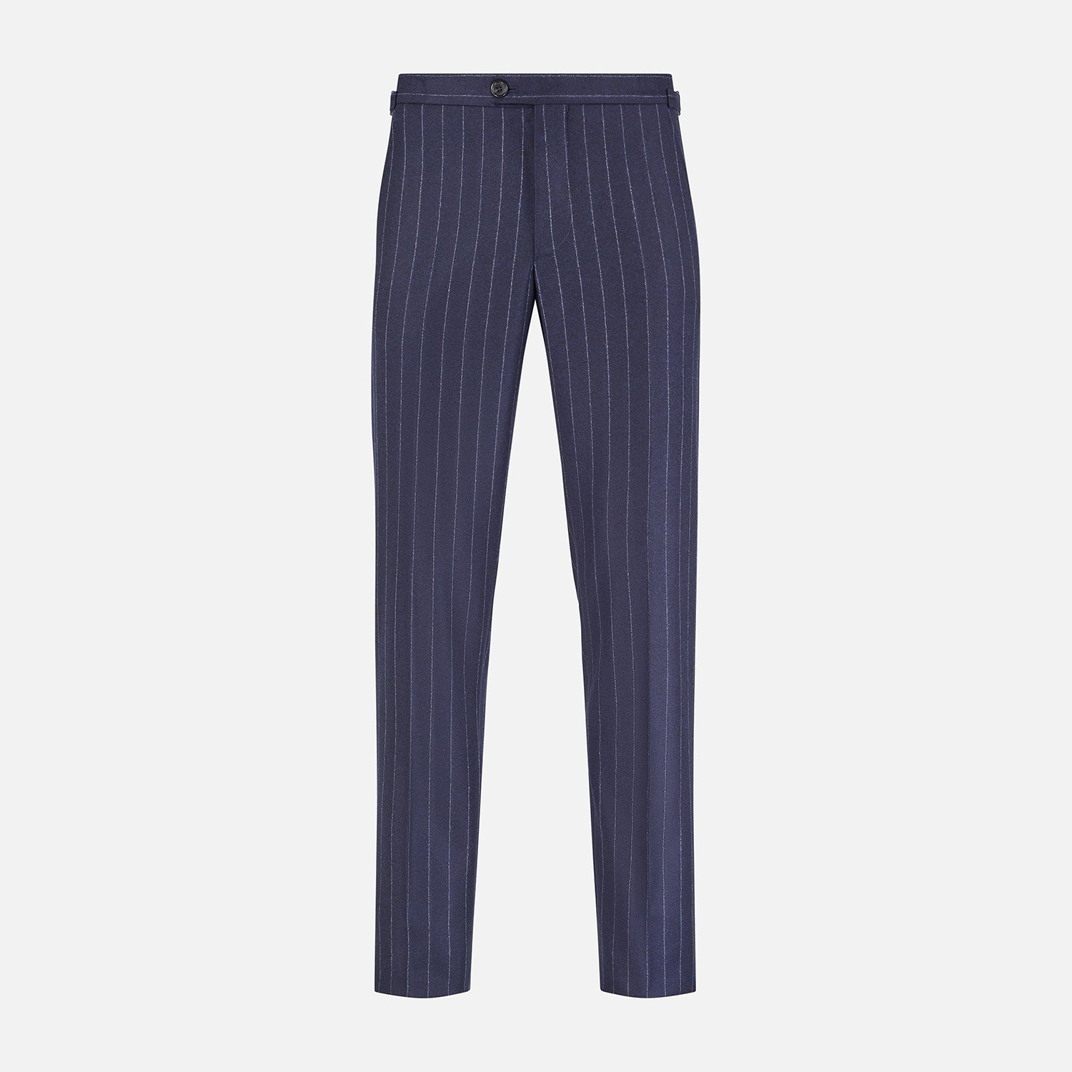 View 1 of product The Navy Pinstripe Henry Trousers by Turnbull & Asser feature vertical white stripes, a tailored fit, button closure, and belt loops. Crafted from a wool cashmere blend, they are shown against a plain white background.