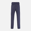 View 3 of product The Navy Pinstripe Henry Trousers by Turnbull & Asser feature vertical white stripes, a tailored fit, button closure, and belt loops. Crafted from a wool cashmere blend, they are shown against a plain white background.