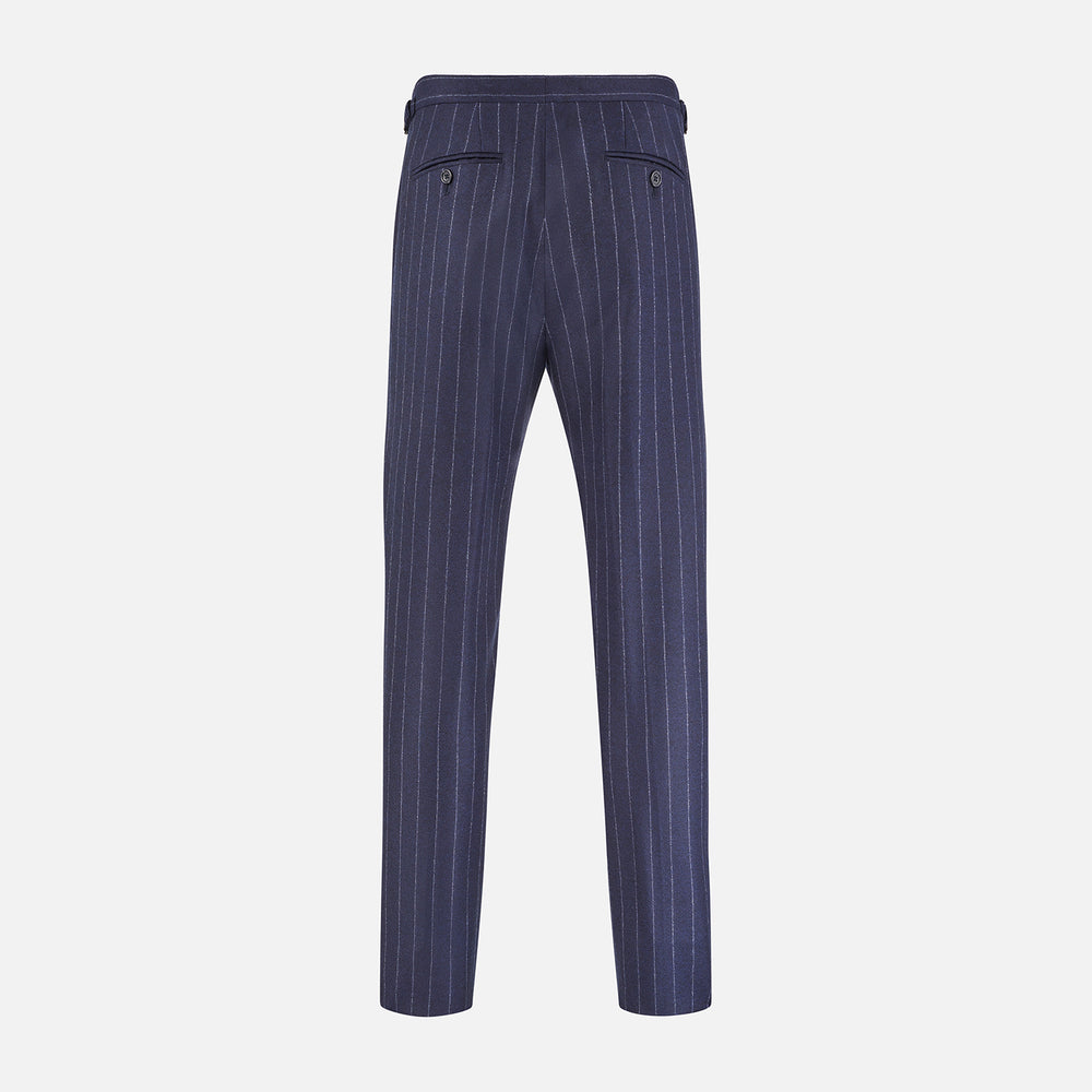 The Navy Pinstripe Henry Trousers by Turnbull & Asser feature vertical white stripes, a tailored fit, button closure, and belt loops. Crafted from a wool cashmere blend, they are shown against a plain white background.