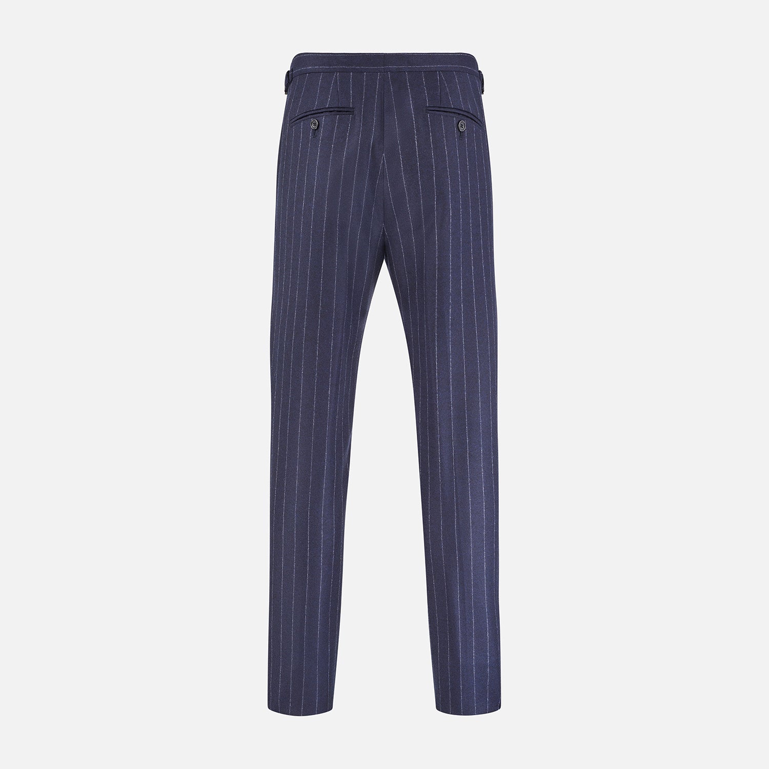 View 3 of product The Navy Pinstripe Henry Trousers by Turnbull & Asser feature vertical white stripes, a tailored fit, button closure, and belt loops. Crafted from a wool cashmere blend, they are shown against a plain white background.