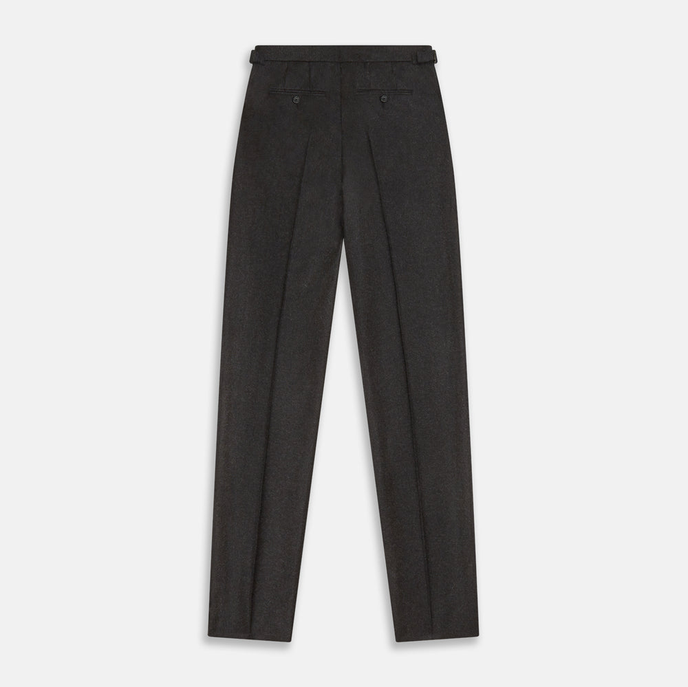 Turnbull & Asser’s Charcoal Henry Trousers, crafted from a wool-cashmere blend with button and zip closure, belt loops, and side pockets, are shown laid flat on a white background.