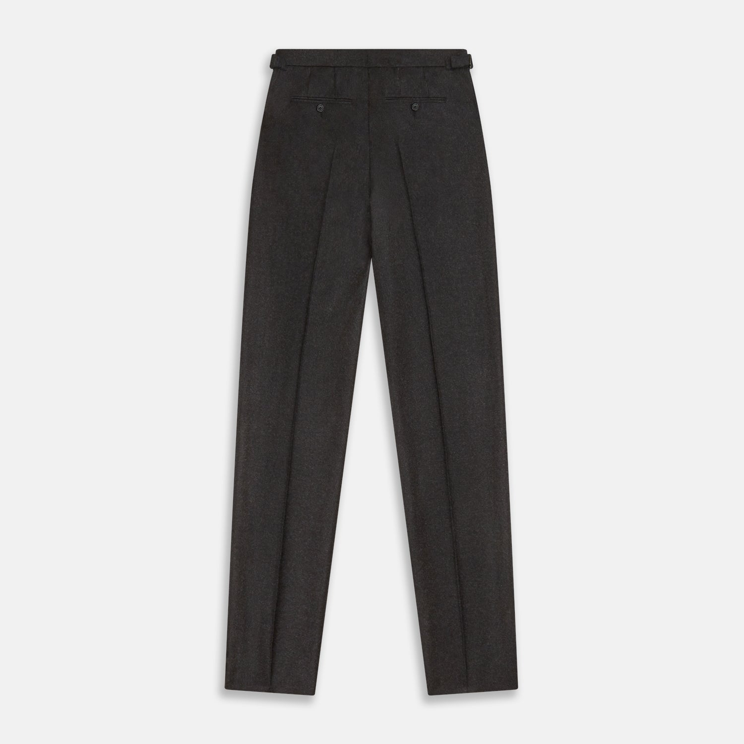 View 5 of product Turnbull & Asser’s Charcoal Henry Trousers, crafted from a wool-cashmere blend with button and zip closure, belt loops, and side pockets, are shown laid flat on a white background.