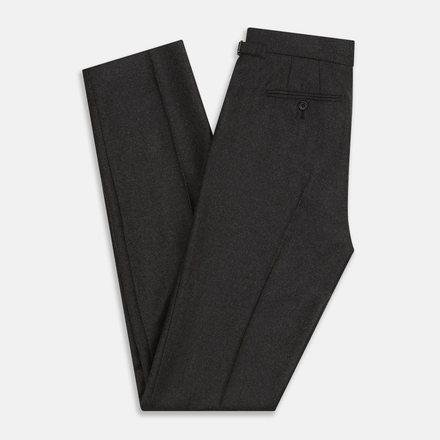 View 4 of product Turnbull & Asser’s Charcoal Henry Trousers, crafted from a wool-cashmere blend with button and zip closure, belt loops, and side pockets, are shown laid flat on a white background.