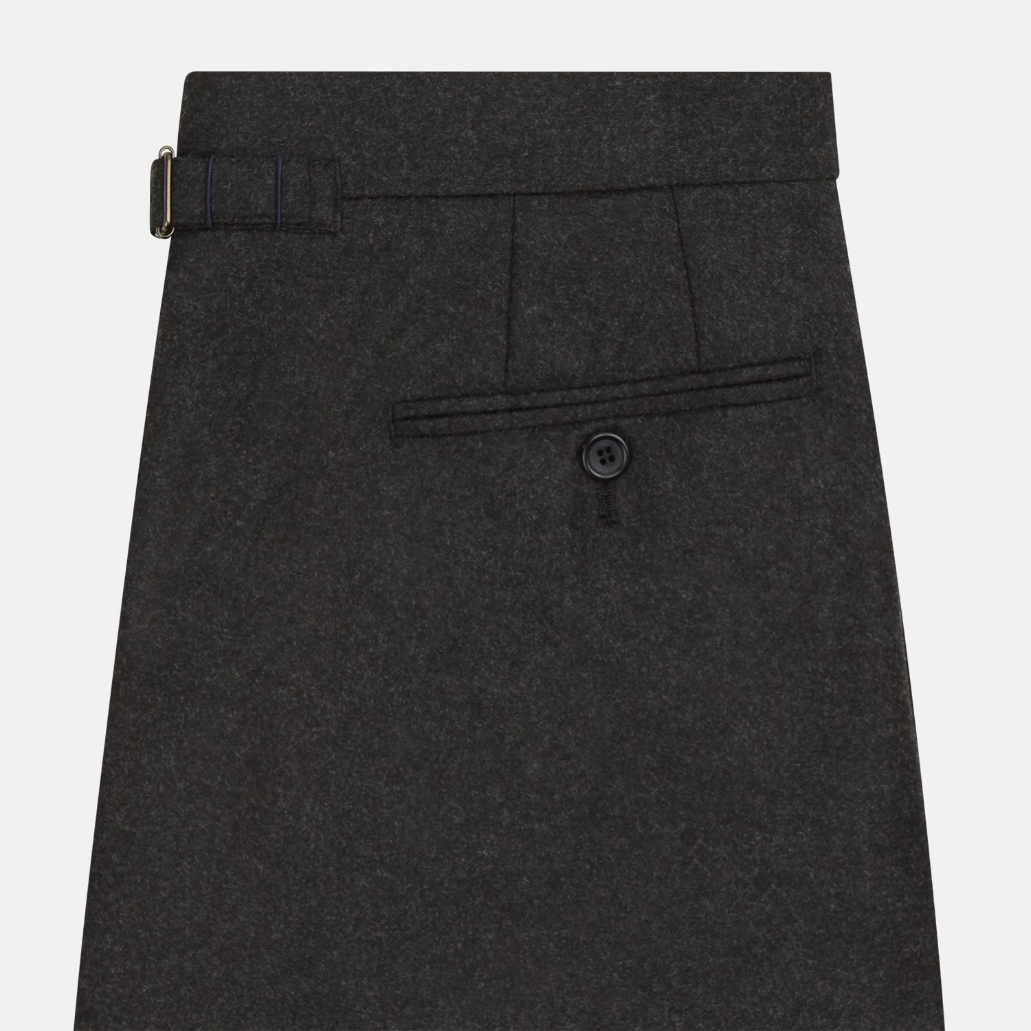 View 3 of product Turnbull & Asser’s Charcoal Henry Trousers, crafted from a wool-cashmere blend with button and zip closure, belt loops, and side pockets, are shown laid flat on a white background.