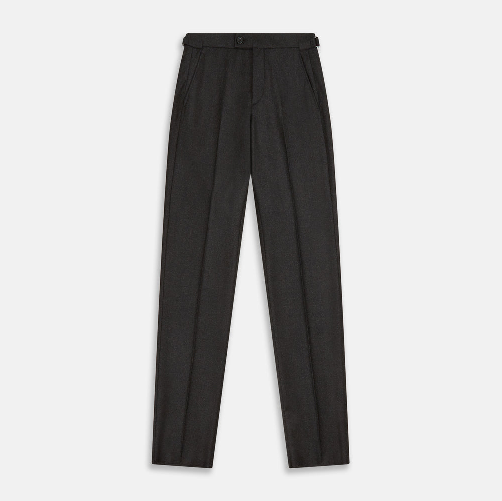 Turnbull & Asser’s Charcoal Henry Trousers, crafted from a wool-cashmere blend with button and zip closure, belt loops, and side pockets, are shown laid flat on a white background.