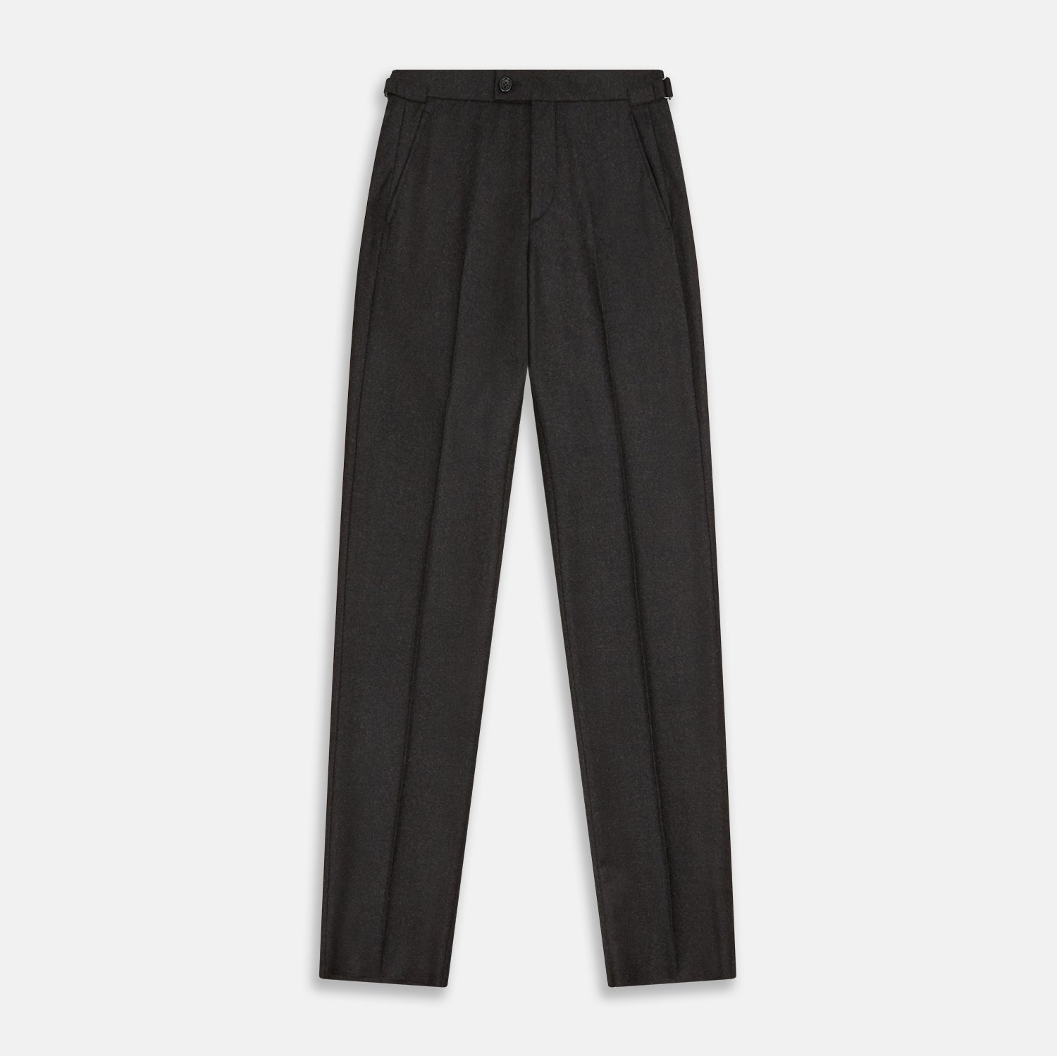 View 1 of product Turnbull & Asser’s Charcoal Henry Trousers, crafted from a wool-cashmere blend with button and zip closure, belt loops, and side pockets, are shown laid flat on a white background.