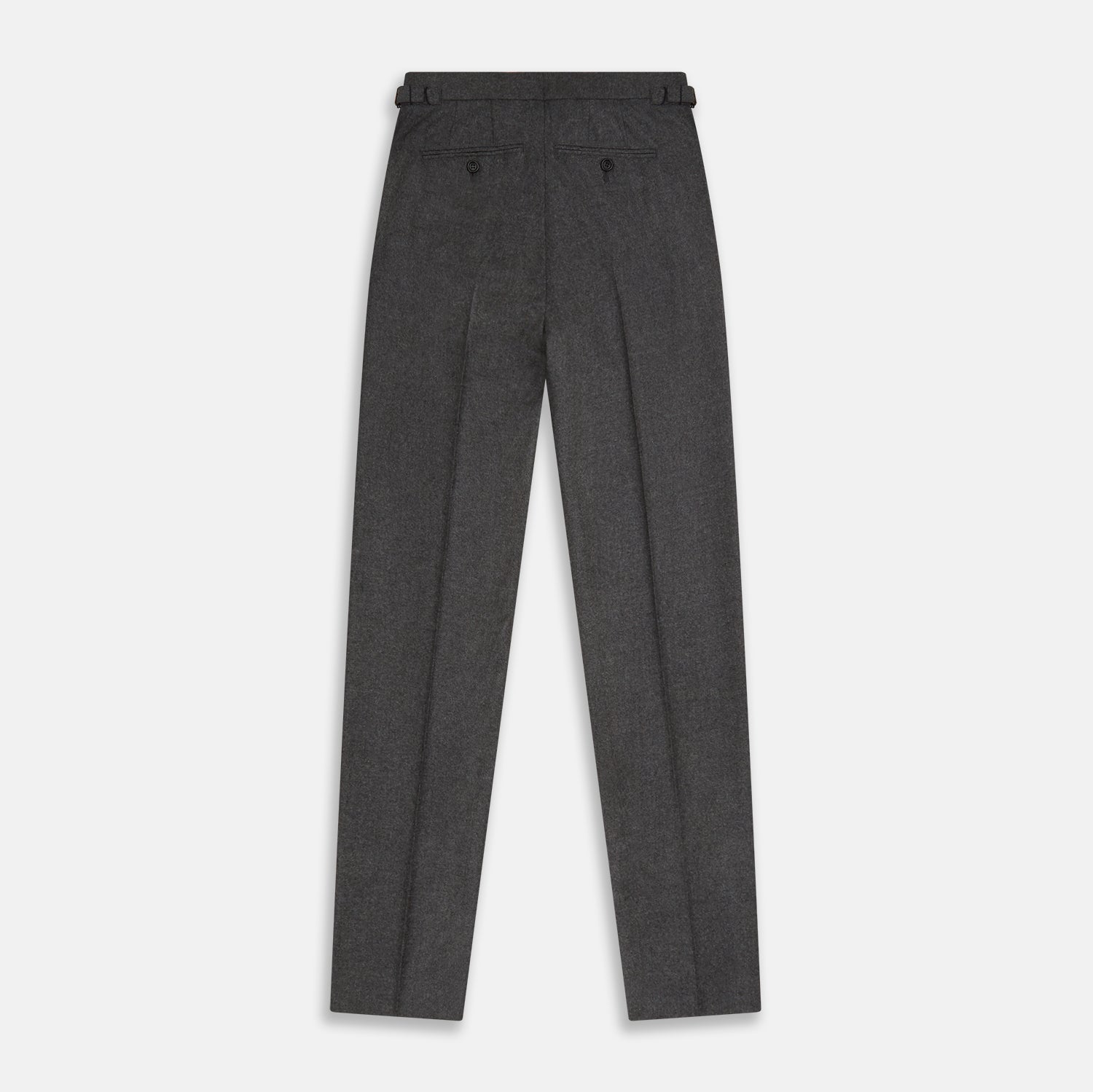 View 5 of product Turnbull & Asser Grey Henry Trousers—luxurious wool-cashmere blend with button and zipper closure, front pleats, side pockets, and straight legs—shown on a white background.