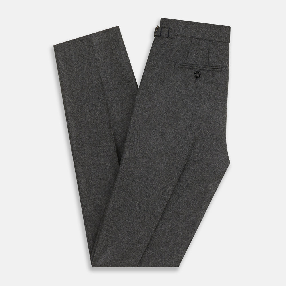 Turnbull & Asser Grey Henry Trousers—luxurious wool-cashmere blend with button and zipper closure, front pleats, side pockets, and straight legs—shown on a white background.