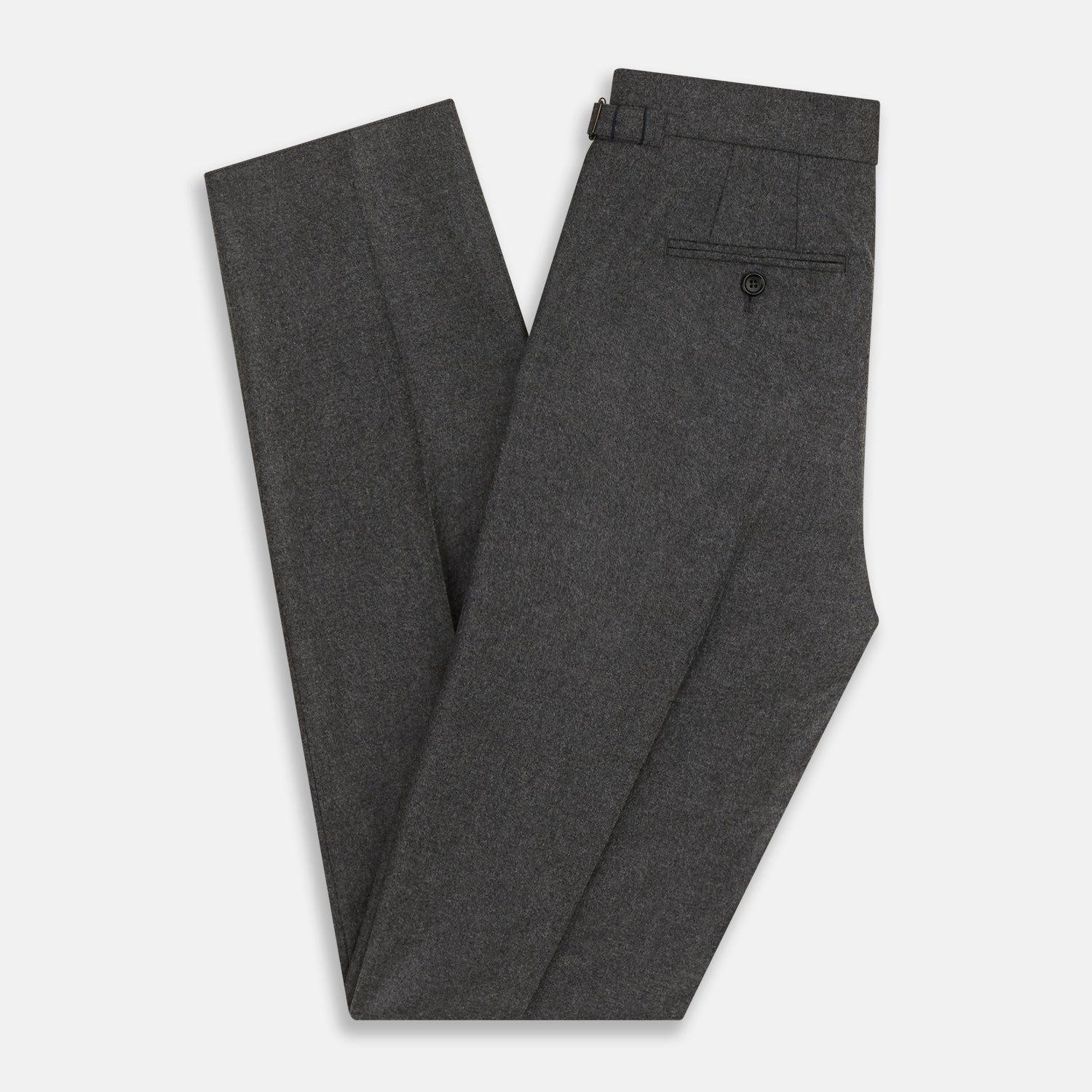 View 4 of product Turnbull & Asser Grey Henry Trousers—luxurious wool-cashmere blend with button and zipper closure, front pleats, side pockets, and straight legs—shown on a white background.