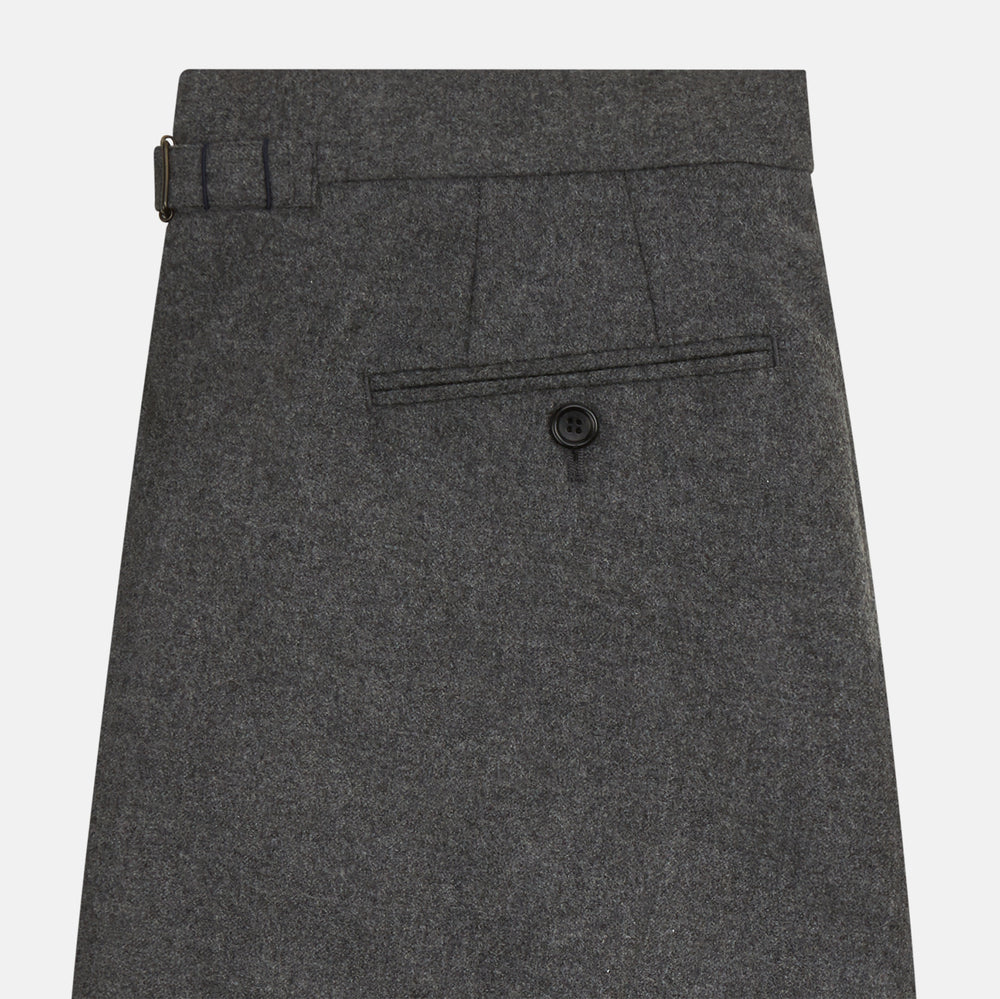 Turnbull & Asser Grey Henry Trousers—luxurious wool-cashmere blend with button and zipper closure, front pleats, side pockets, and straight legs—shown on a white background.