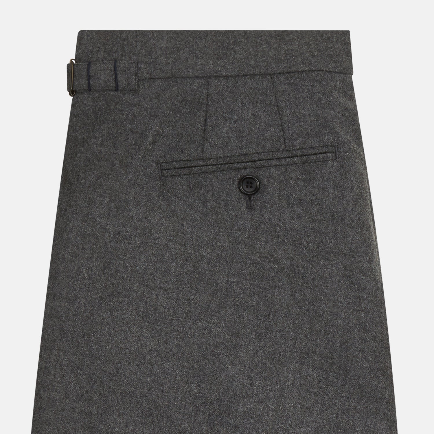 View 3 of product Turnbull & Asser Grey Henry Trousers—luxurious wool-cashmere blend with button and zipper closure, front pleats, side pockets, and straight legs—shown on a white background.