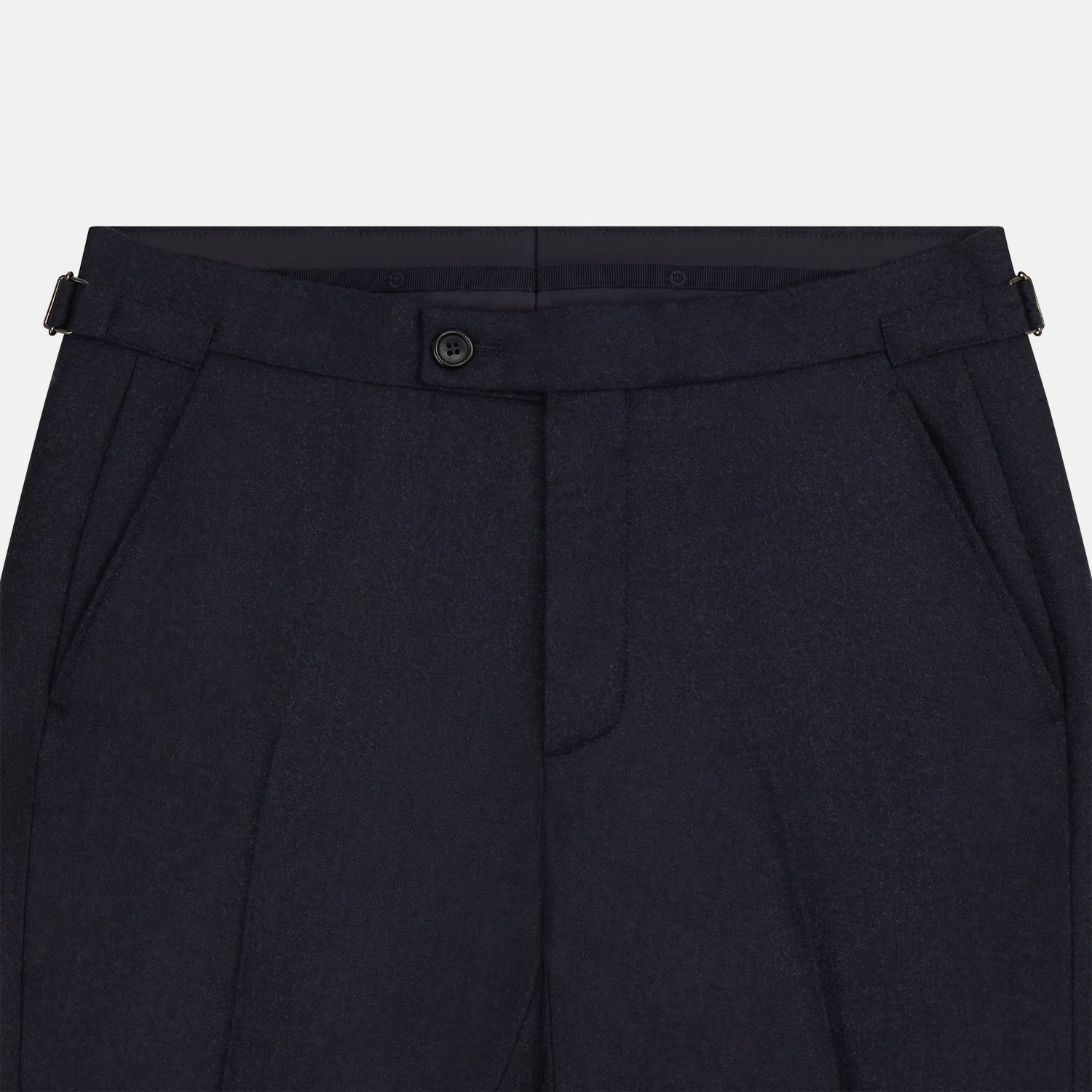 View 2 of product The Turnbull & Asser Navy Henry Trousers are tailored from a luxurious wool-cashmere blend, featuring front pleats, straight legs, and a button closure. Shown here laid flat on a white background.