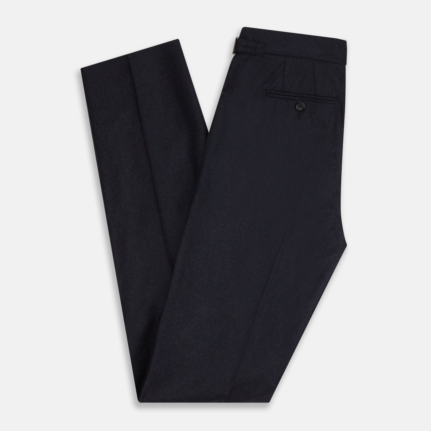 View 4 of product The Turnbull & Asser Navy Henry Trousers are tailored from a luxurious wool-cashmere blend, featuring front pleats, straight legs, and a button closure. Shown here laid flat on a white background.
