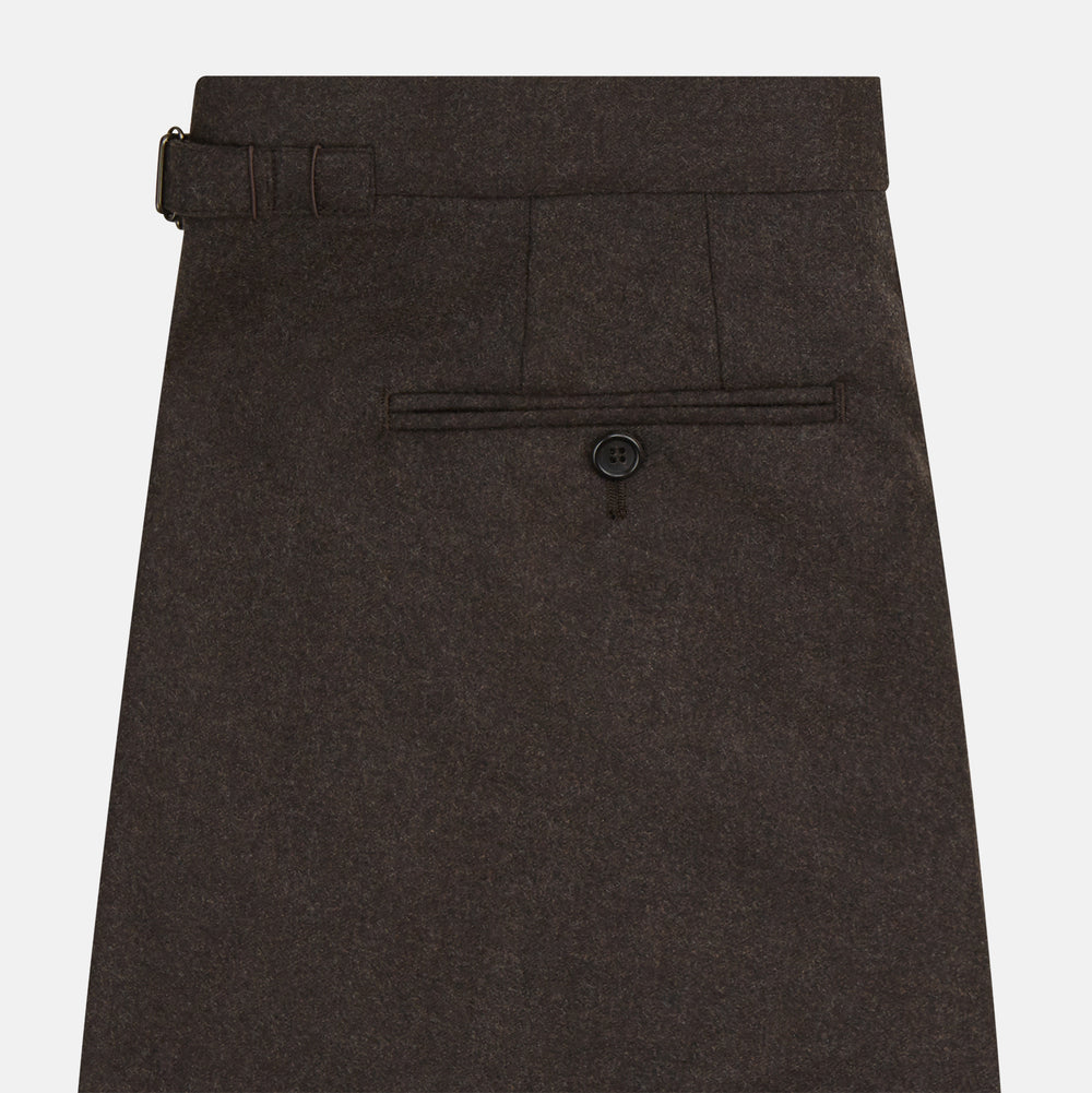 Turnbull & Asser Brown Henry Trousers in a tailored fit, crafted from a luxurious wool-cashmere blend with straight legs, front pleats, side pockets, and button closure, shown laid flat on a white background.