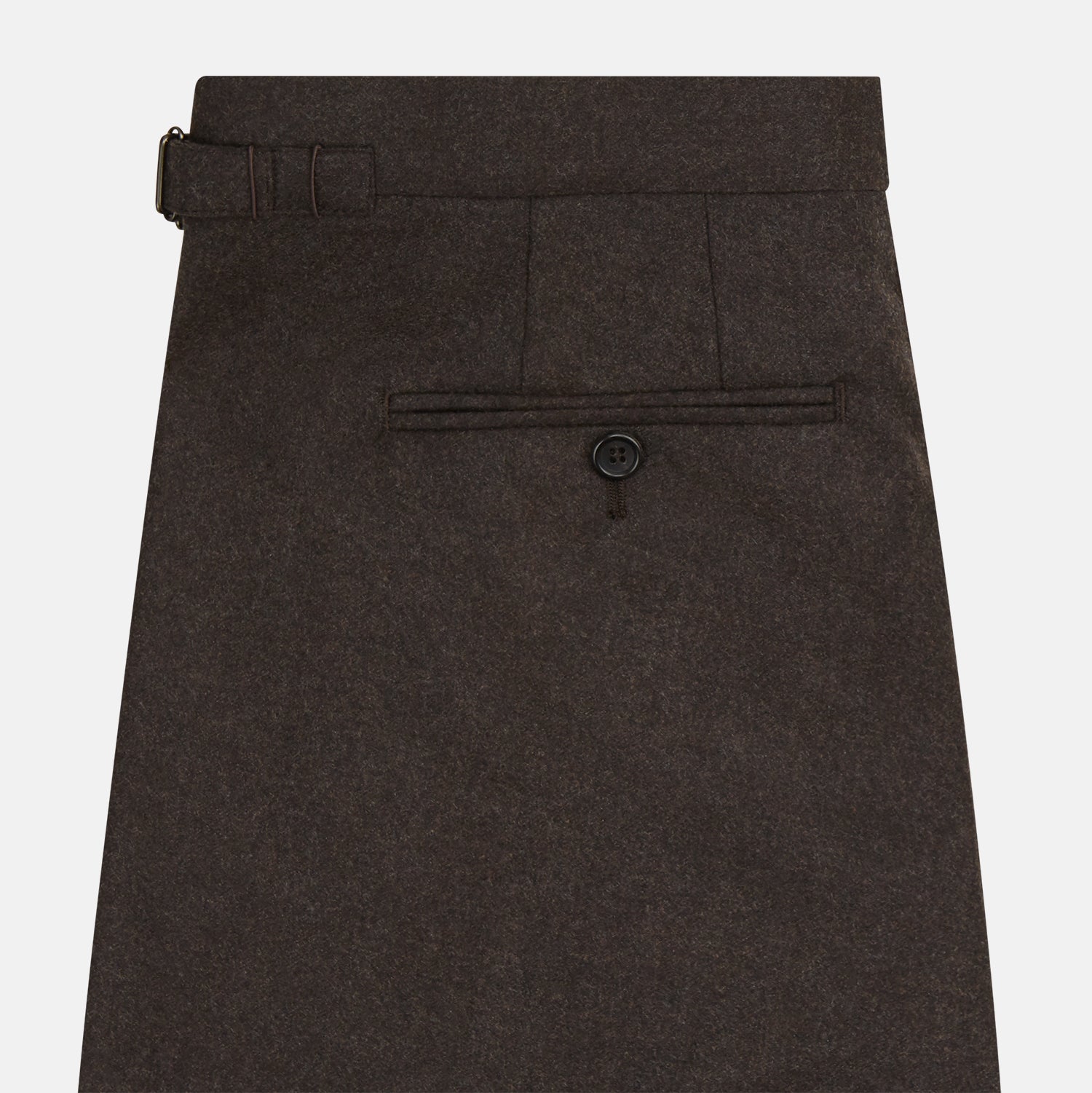 View 3 of product Turnbull & Asser Brown Henry Trousers in a tailored fit, crafted from a luxurious wool-cashmere blend with straight legs, front pleats, side pockets, and button closure, shown laid flat on a white background.