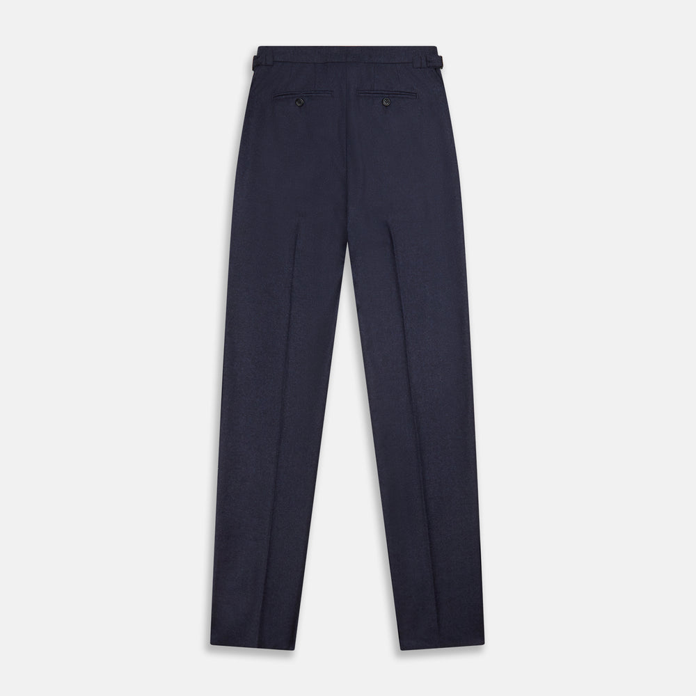 Turnbull & Asser’s Dark Blue Henry Trousers in a wool-cashmere blend feature a button closure, front pleats, and side pockets, shown laid flat on a white background.