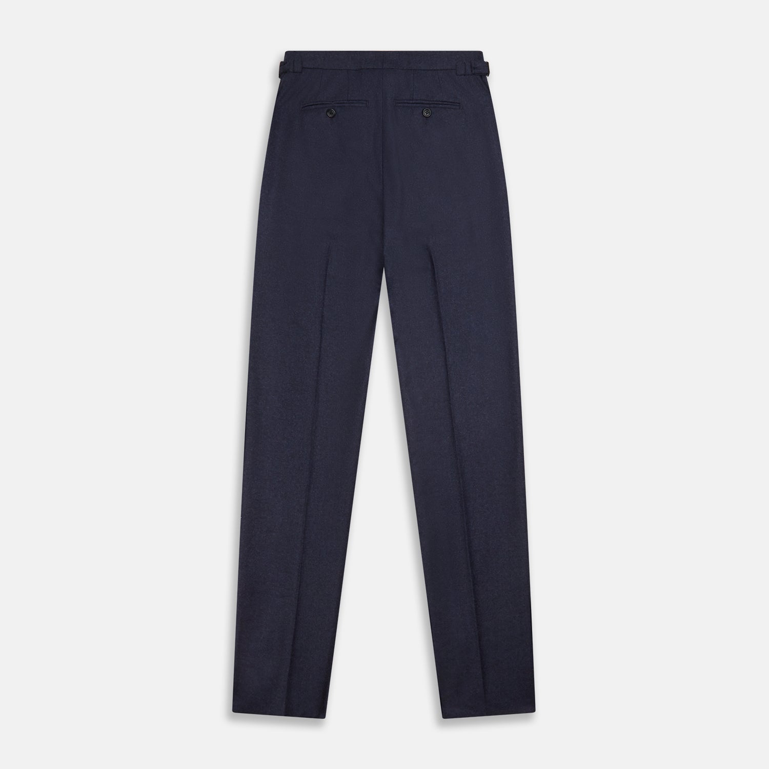 View 5 of product Turnbull & Asser’s Dark Blue Henry Trousers in a wool-cashmere blend feature a button closure, front pleats, and side pockets, shown laid flat on a white background.
