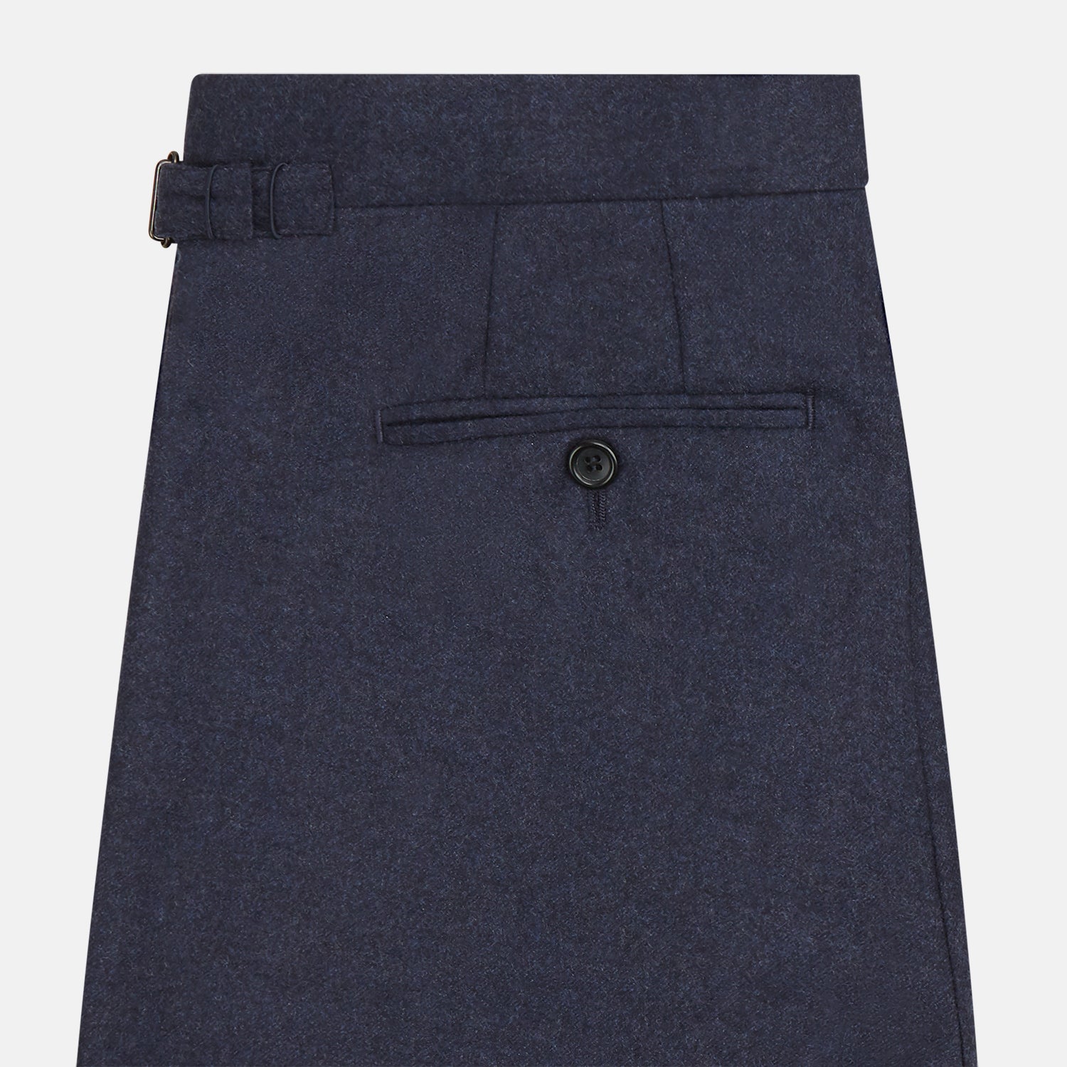 View 3 of product Turnbull & Asser’s Dark Blue Henry Trousers in a wool-cashmere blend feature a button closure, front pleats, and side pockets, shown laid flat on a white background.