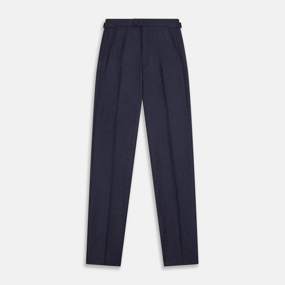 Turnbull & Asser’s Dark Blue Henry Trousers in a wool-cashmere blend feature a button closure, front pleats, and side pockets, shown laid flat on a white background.