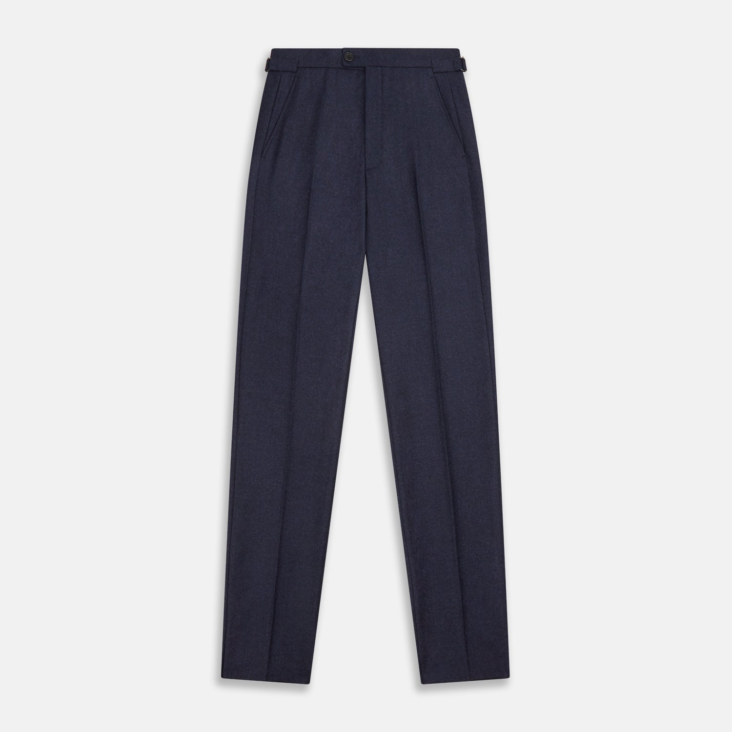View 1 of product Turnbull & Asser’s Dark Blue Henry Trousers in a wool-cashmere blend feature a button closure, front pleats, and side pockets, shown laid flat on a white background.