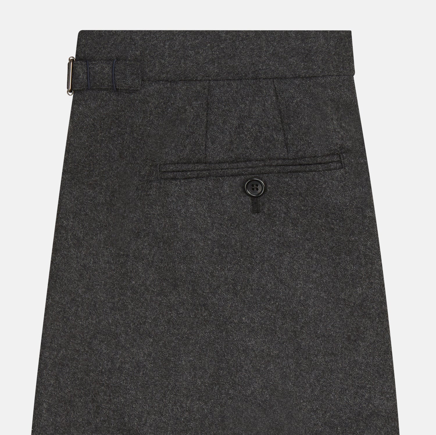 View 3 of product Turnbull & Asser's Dark Grey Henry Trousers are tailored, straight-leg trousers in a luxurious wool-cashmere blend with button and zip closure, belt loops, and front pleats, shown against a white background.