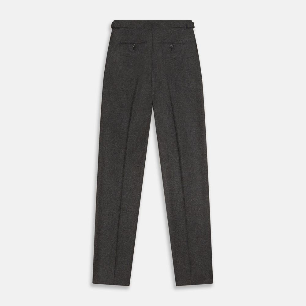 Turnbull & Asser's Dark Grey Henry Trousers are tailored, straight-leg trousers in a luxurious wool-cashmere blend with button and zip closure, belt loops, and front pleats, shown against a white background.