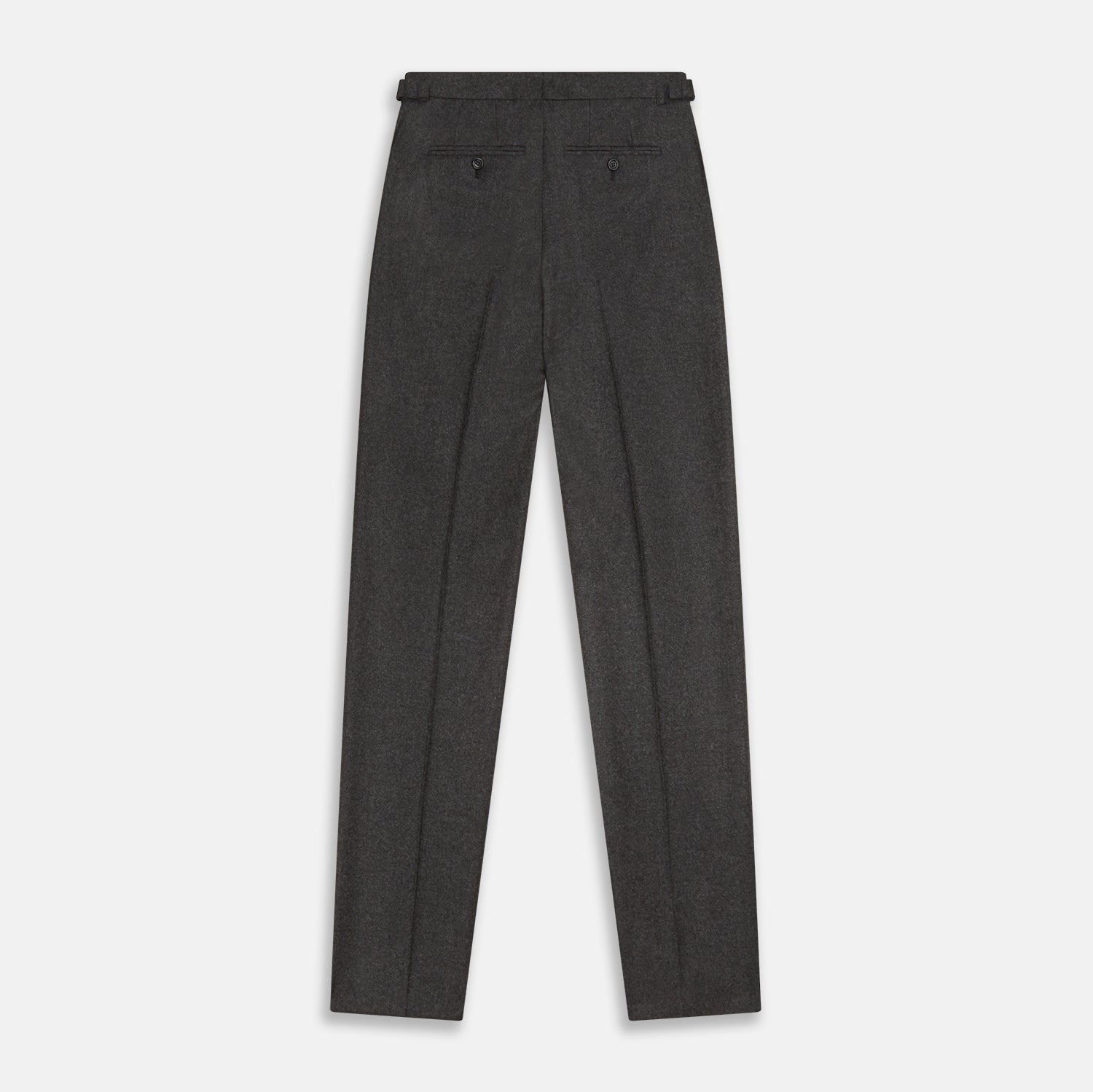 View 5 of product Turnbull & Asser's Dark Grey Henry Trousers are tailored, straight-leg trousers in a luxurious wool-cashmere blend with button and zip closure, belt loops, and front pleats, shown against a white background.