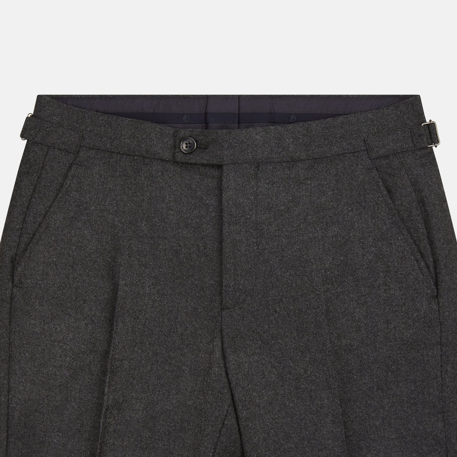 View 2 of product Turnbull & Asser's Dark Grey Henry Trousers are tailored, straight-leg trousers in a luxurious wool-cashmere blend with button and zip closure, belt loops, and front pleats, shown against a white background.