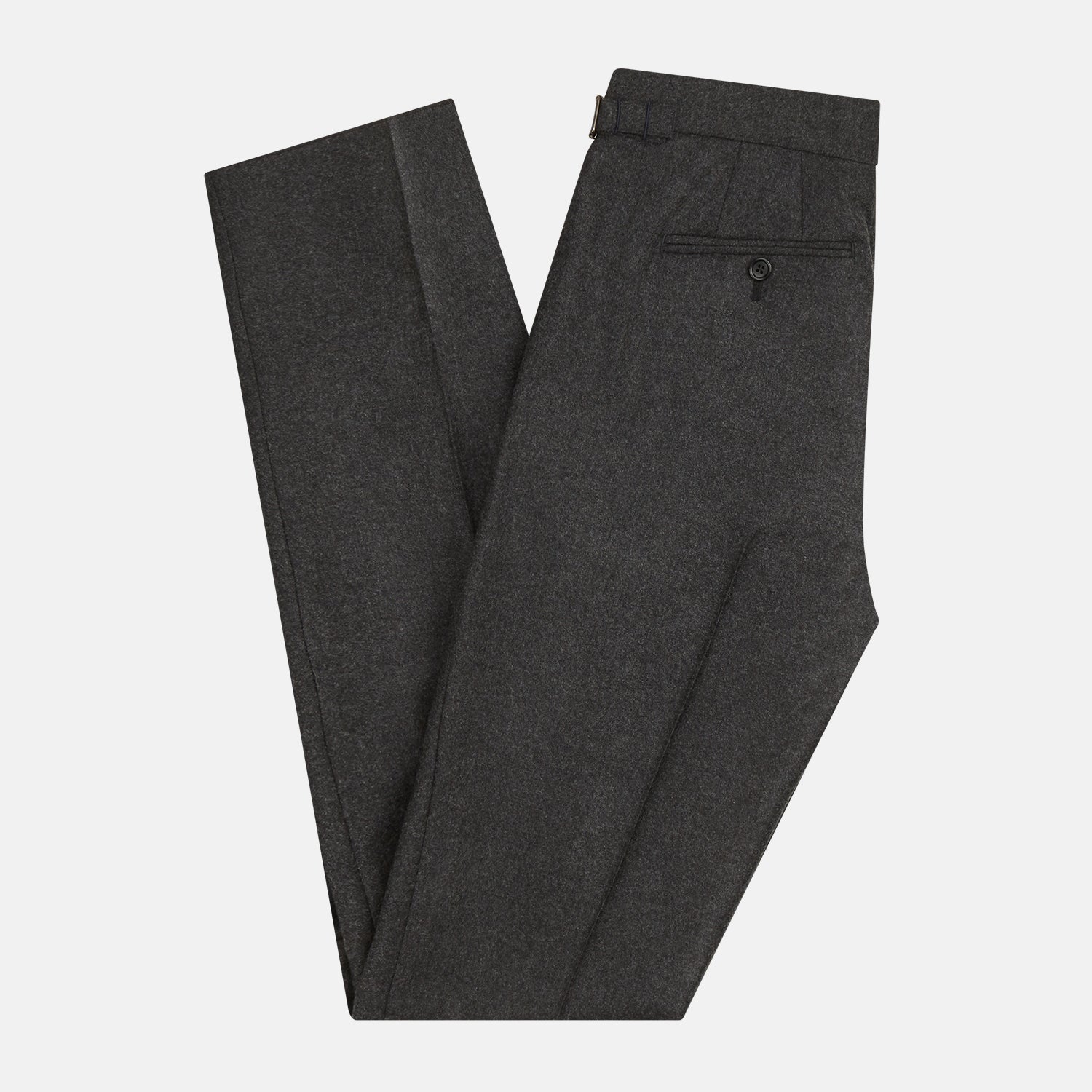 View 4 of product Turnbull & Asser's Dark Grey Henry Trousers are tailored, straight-leg trousers in a luxurious wool-cashmere blend with button and zip closure, belt loops, and front pleats, shown against a white background.