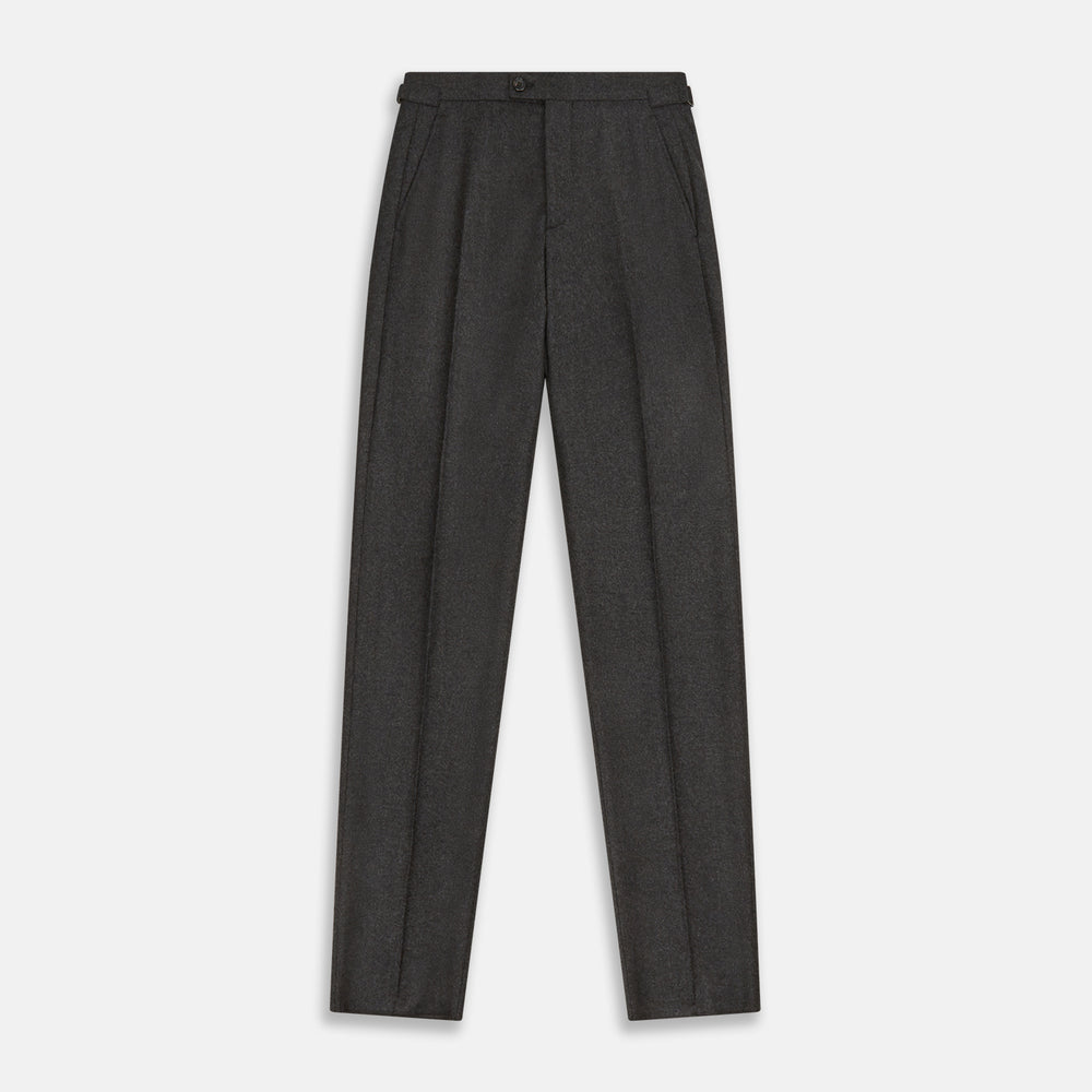 Turnbull & Asser's Dark Grey Henry Trousers are tailored, straight-leg trousers in a luxurious wool-cashmere blend with button and zip closure, belt loops, and front pleats, shown against a white background.