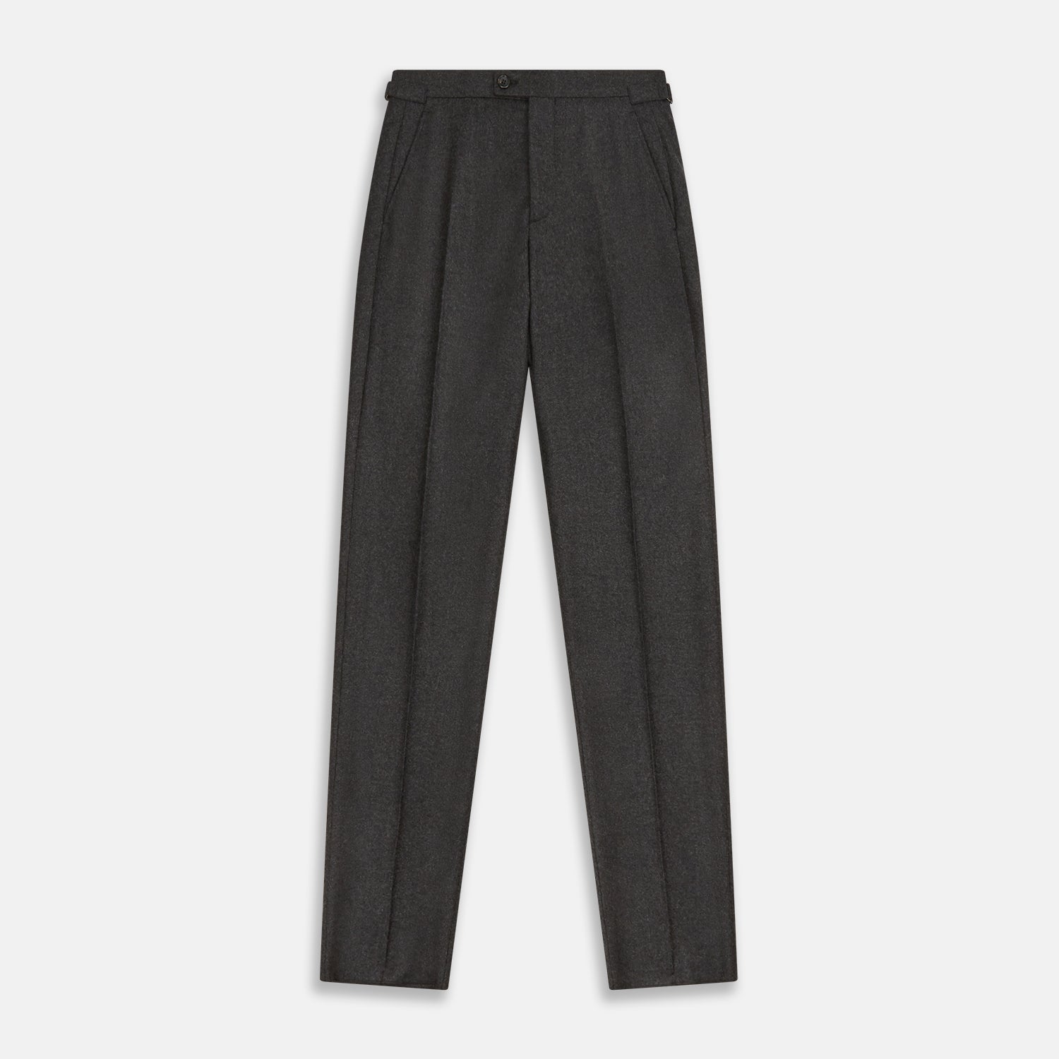 View 1 of product Turnbull & Asser's Dark Grey Henry Trousers are tailored, straight-leg trousers in a luxurious wool-cashmere blend with button and zip closure, belt loops, and front pleats, shown against a white background.