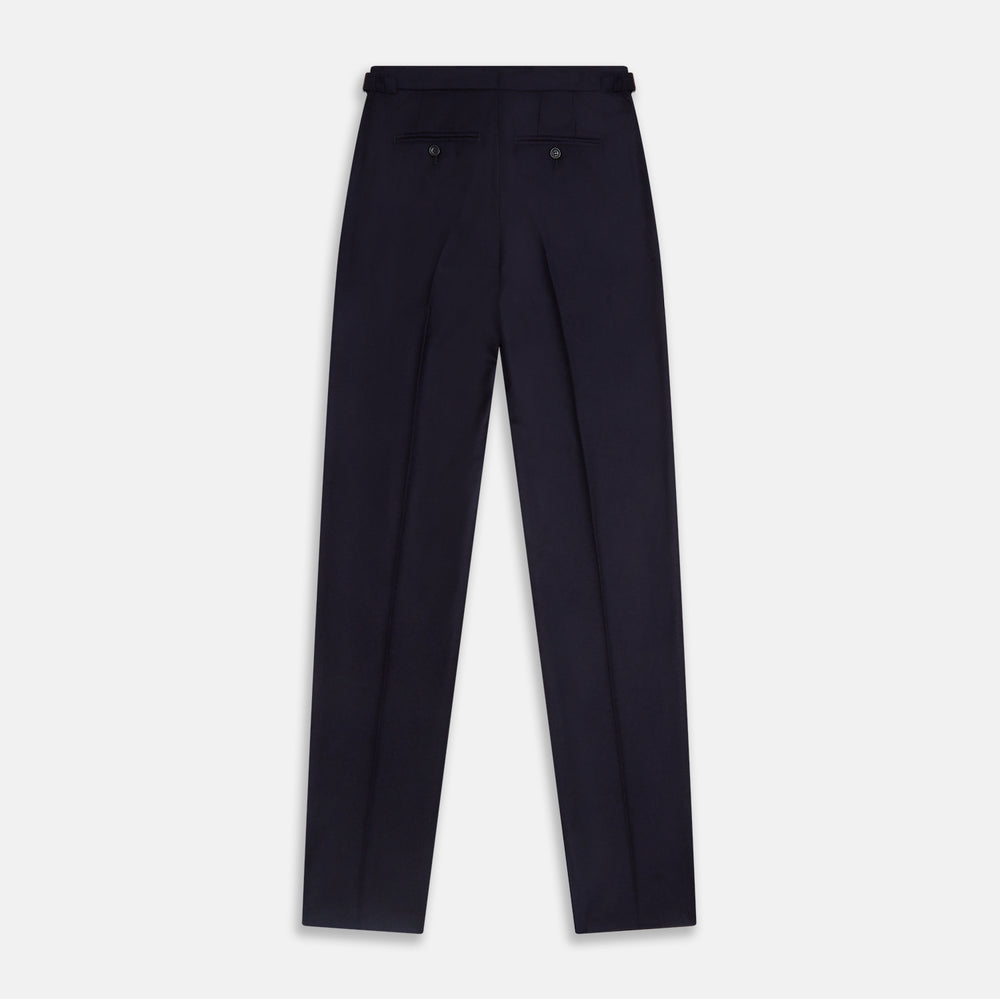The Turnbull & Asser Midnight Blue Henry Trousers feature a tailored fit, button closure, belt loops, and front pleats in a luxurious wool-cashmere blend, shown against a plain white background.