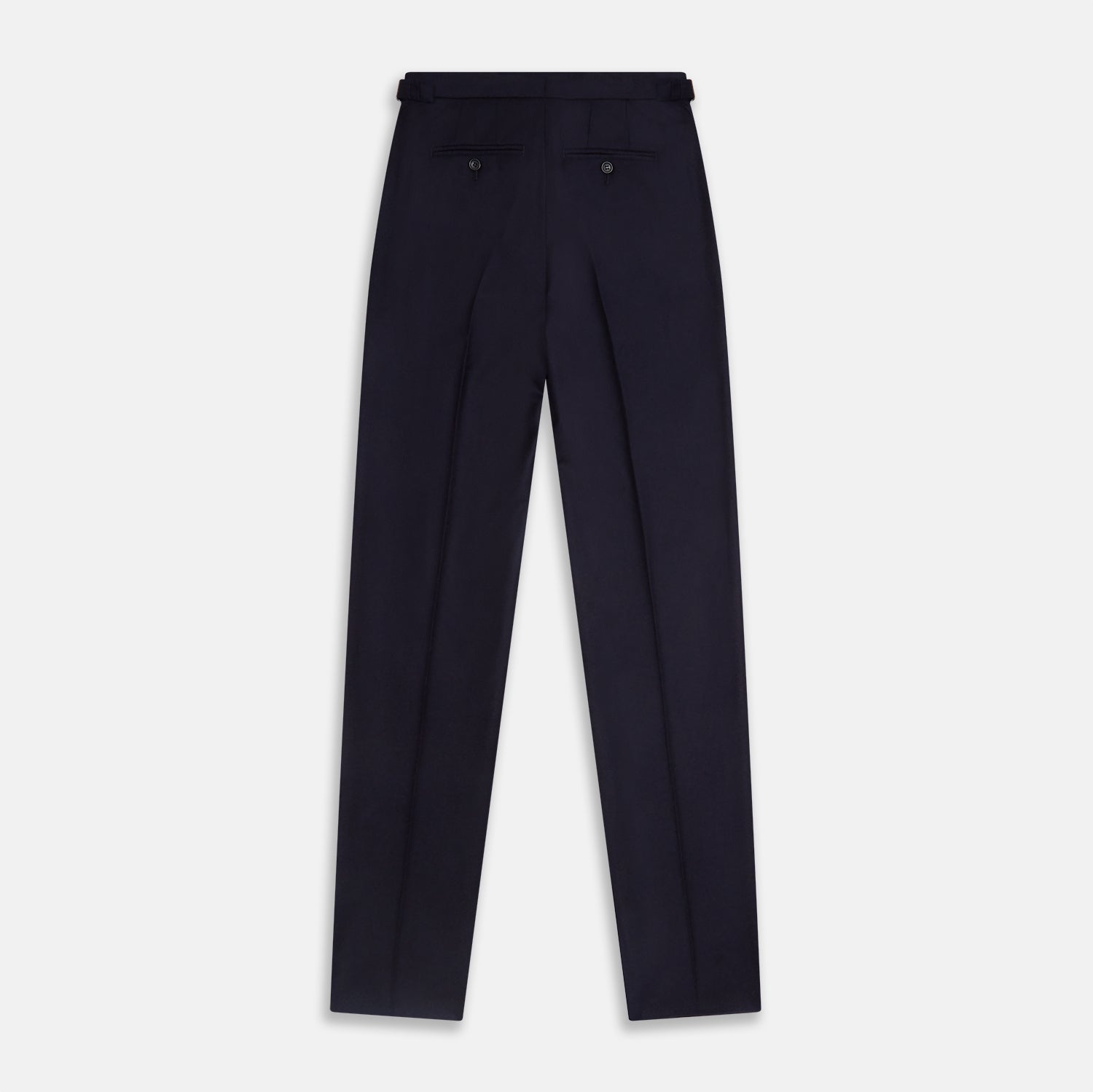 View 5 of product The Turnbull & Asser Midnight Blue Henry Trousers feature a tailored fit, button closure, belt loops, and front pleats in a luxurious wool-cashmere blend, shown against a plain white background.