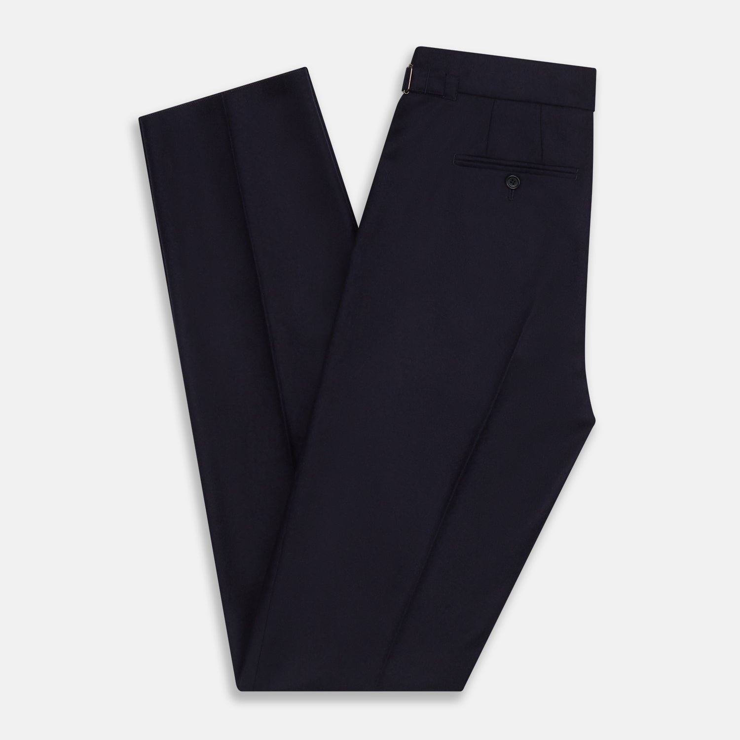 View 4 of product The Turnbull & Asser Midnight Blue Henry Trousers feature a tailored fit, button closure, belt loops, and front pleats in a luxurious wool-cashmere blend, shown against a plain white background.
