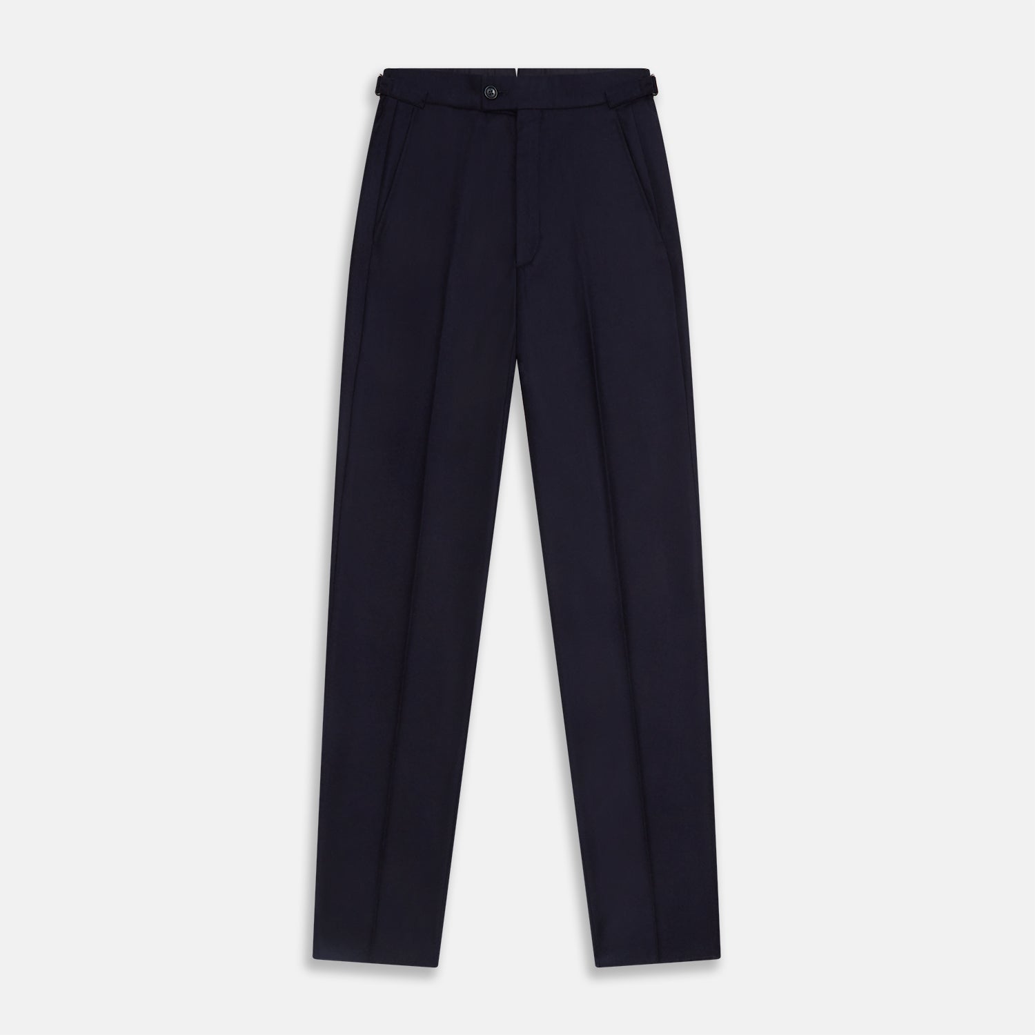 View 1 of product The Turnbull & Asser Midnight Blue Henry Trousers feature a tailored fit, button closure, belt loops, and front pleats in a luxurious wool-cashmere blend, shown against a plain white background.